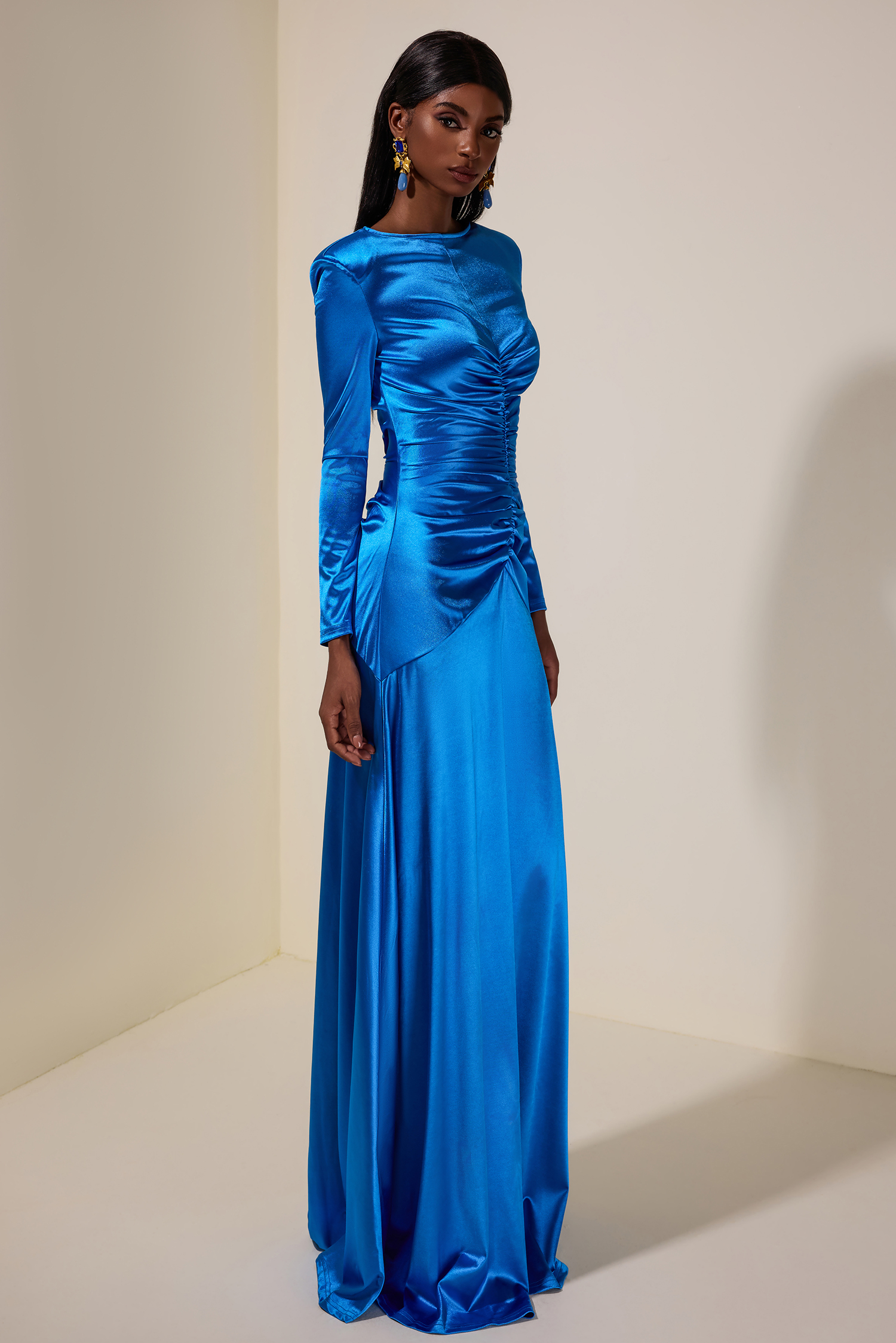 Solid Gathered Boat Neck Midi Dress