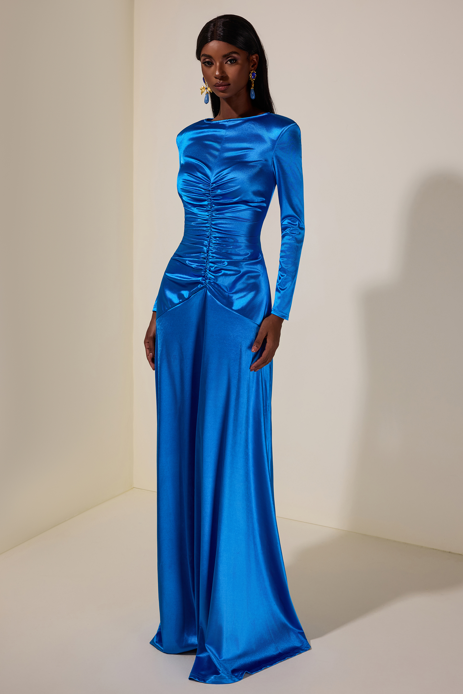 Solid Gathered Boat Neck Midi Dress