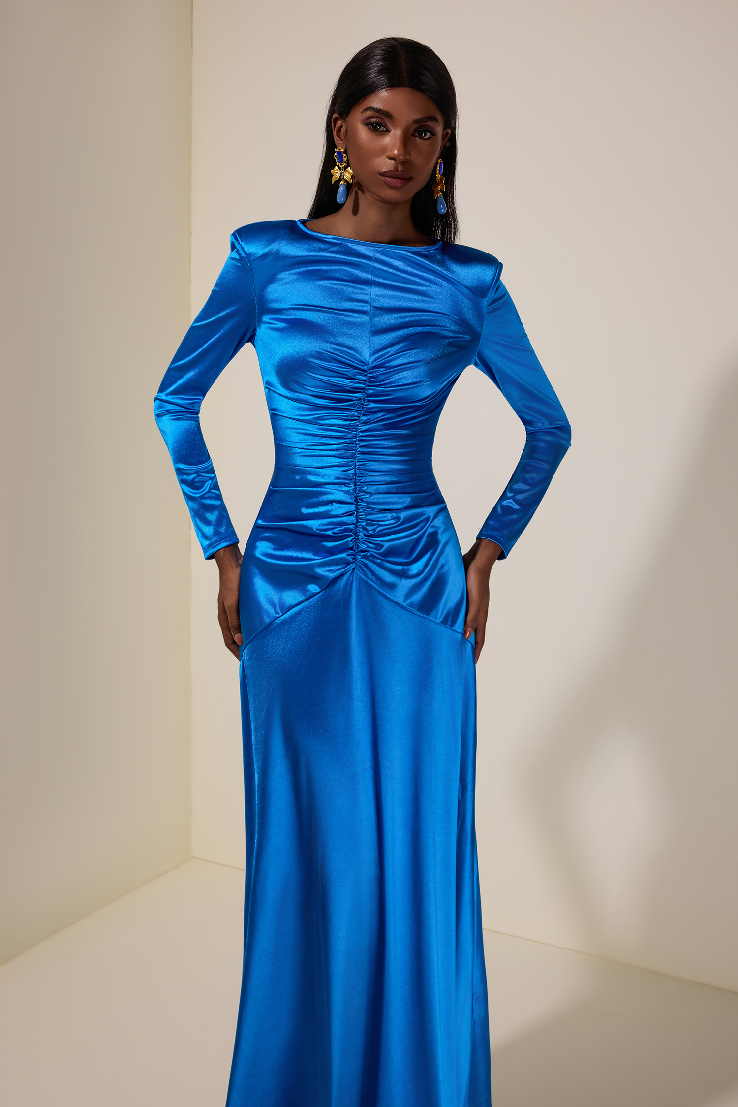 Solid Gathered Boat Neck Midi Dress