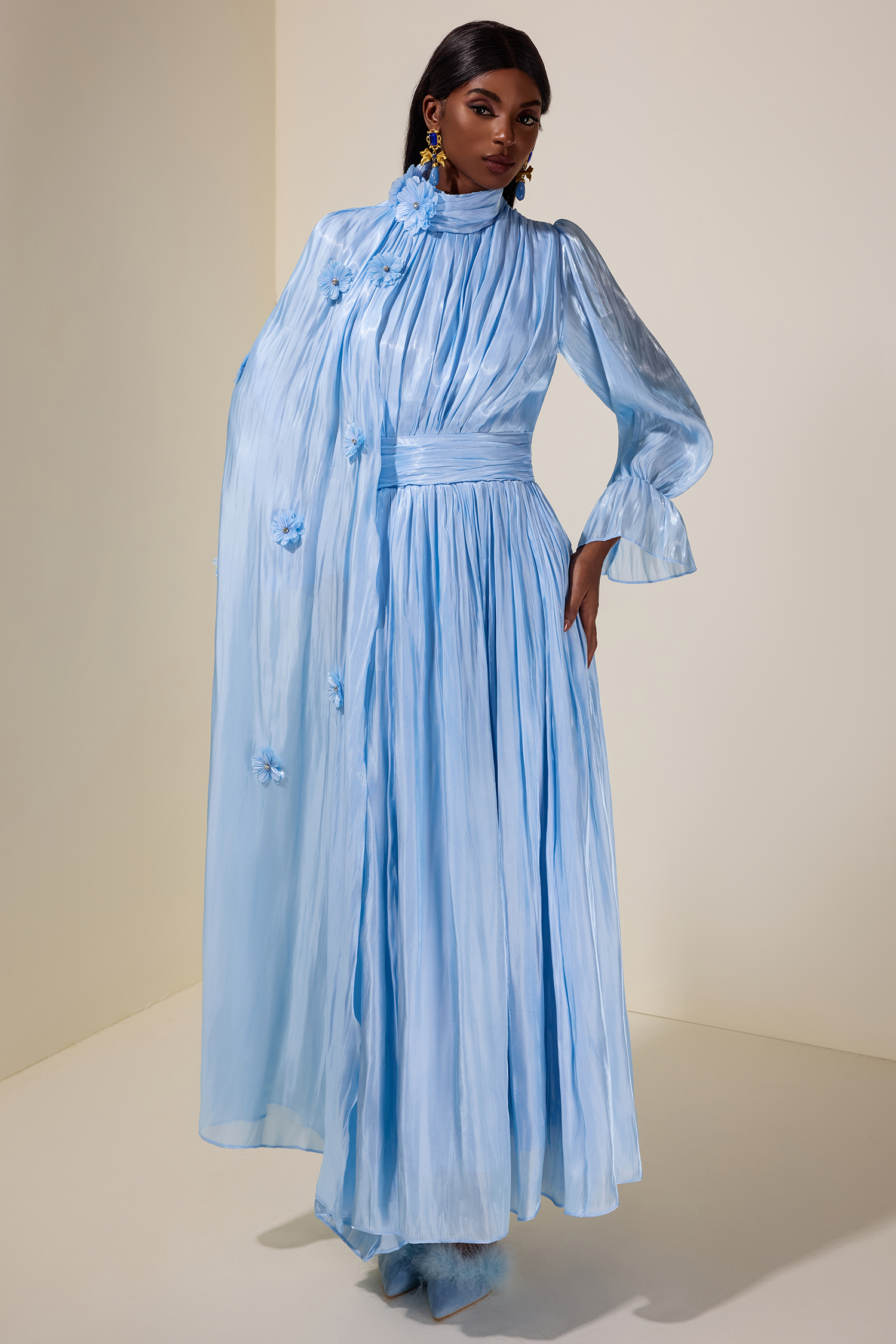 3D Flower Gathering Cape Maxi Dress