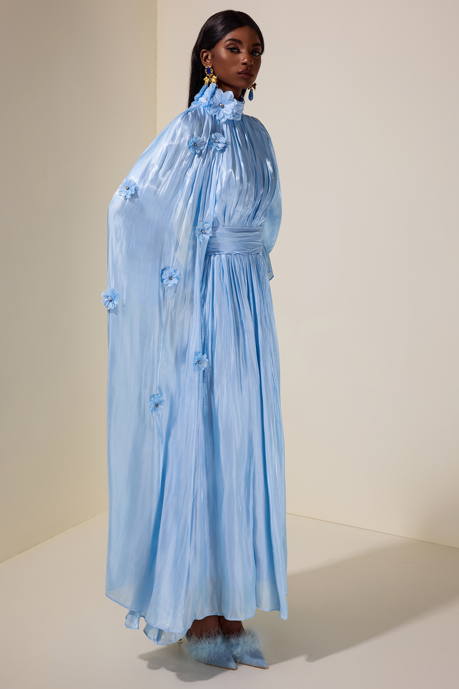 3D Flower Gathering Cape Maxi Dress