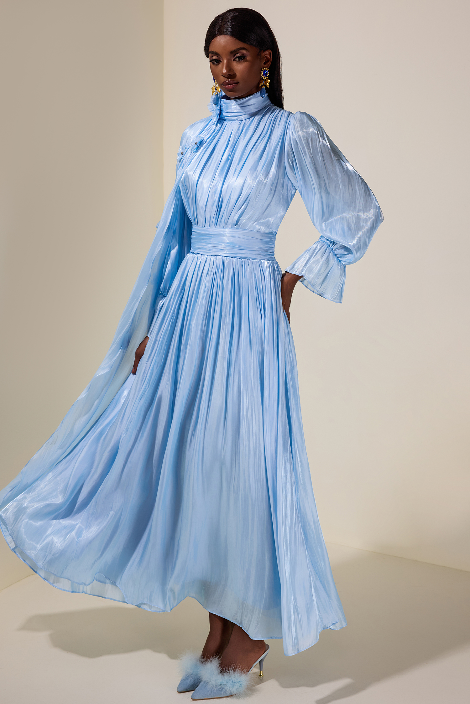 3D Flower Gathering Cape Maxi Dress