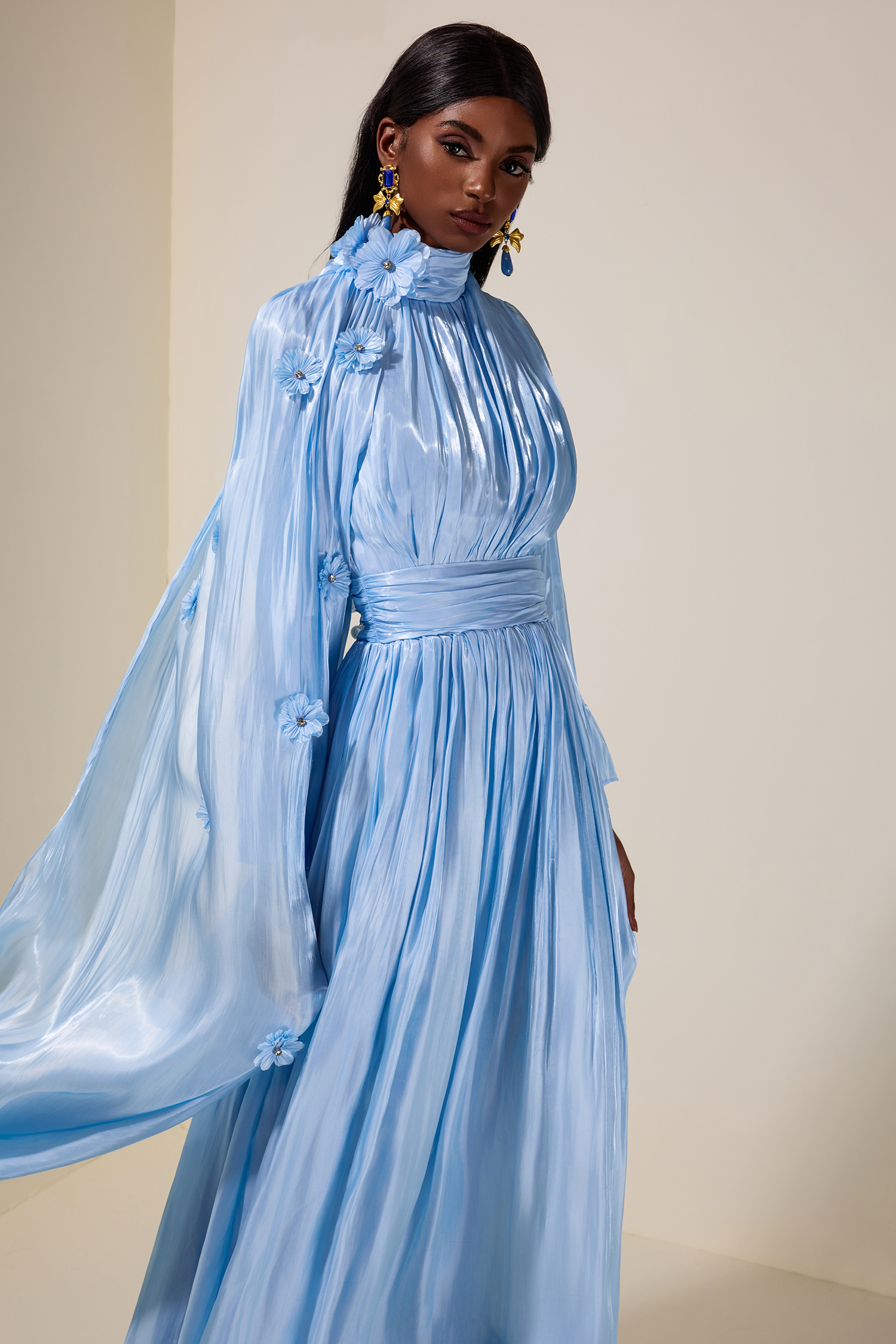 3D Flower Gathering Cape Maxi Dress