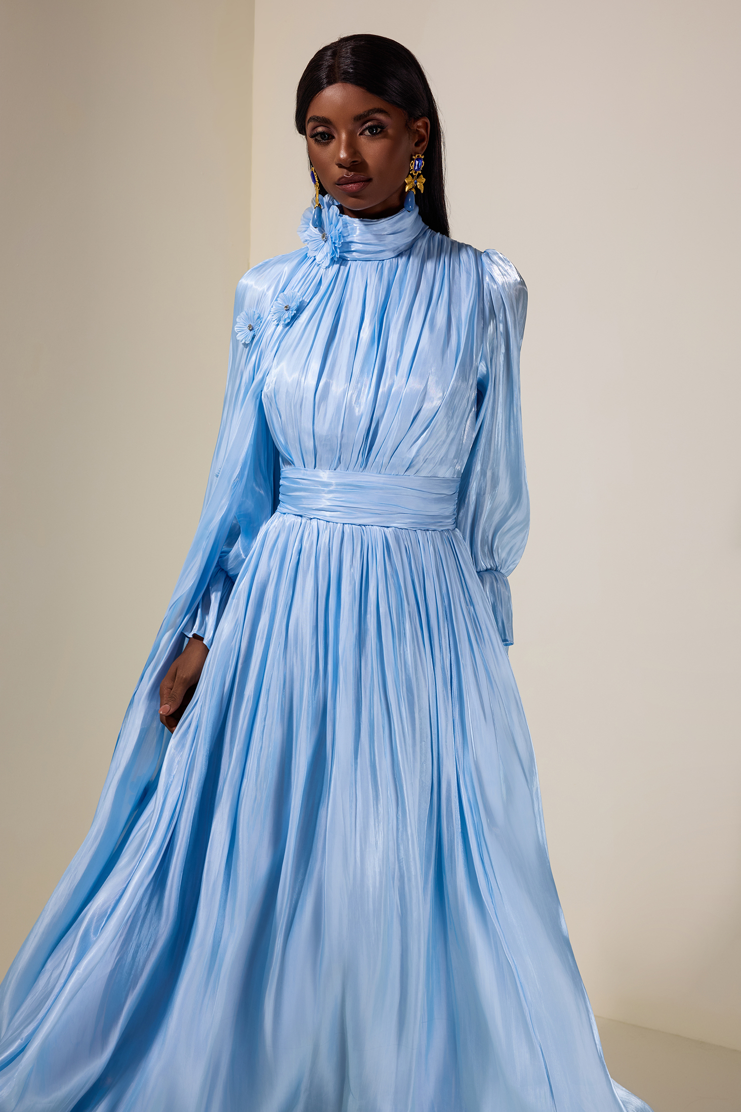 3D Flower Gathering Cape Maxi Dress