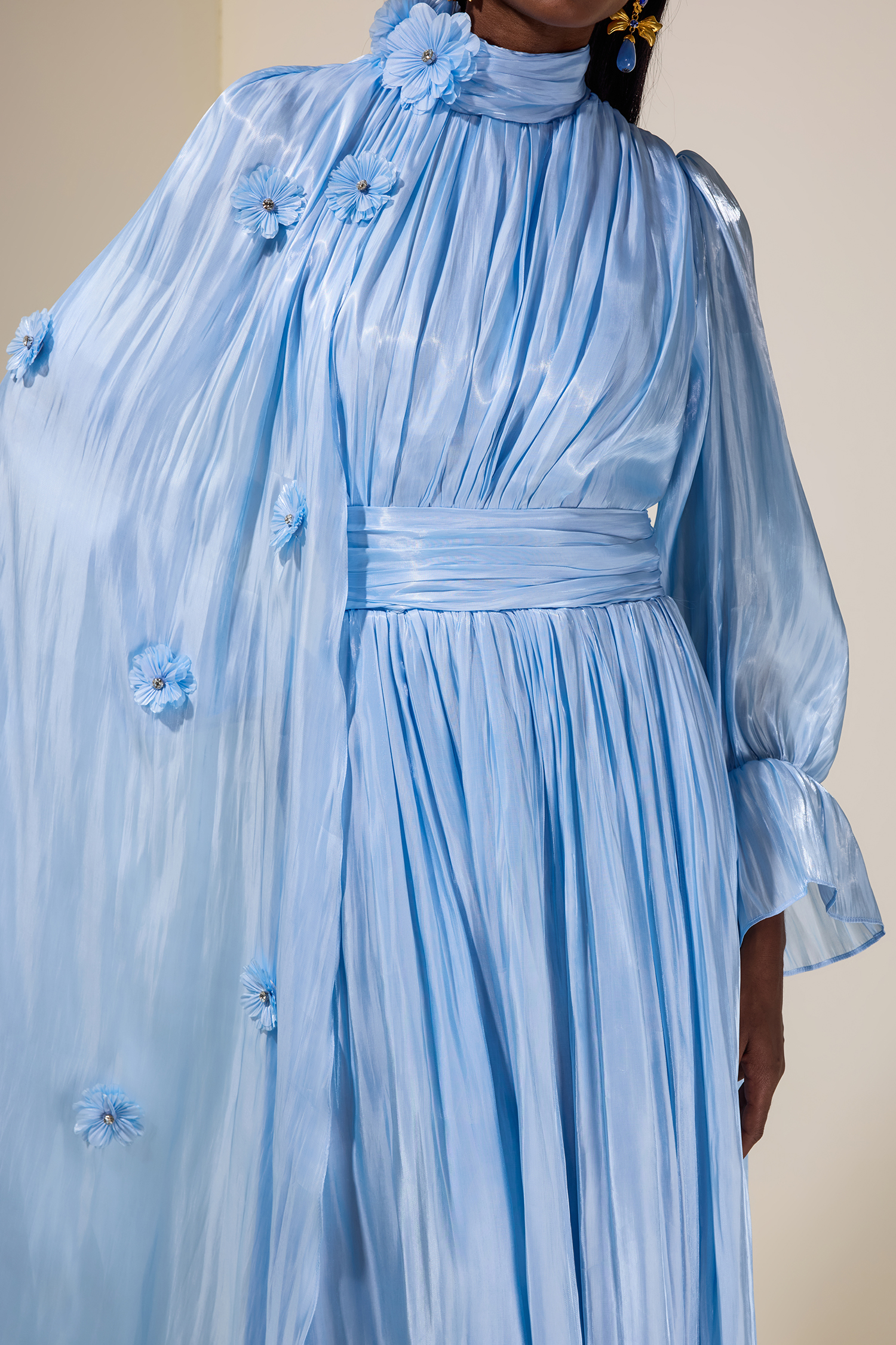 3D Flower Gathering Cape Maxi Dress