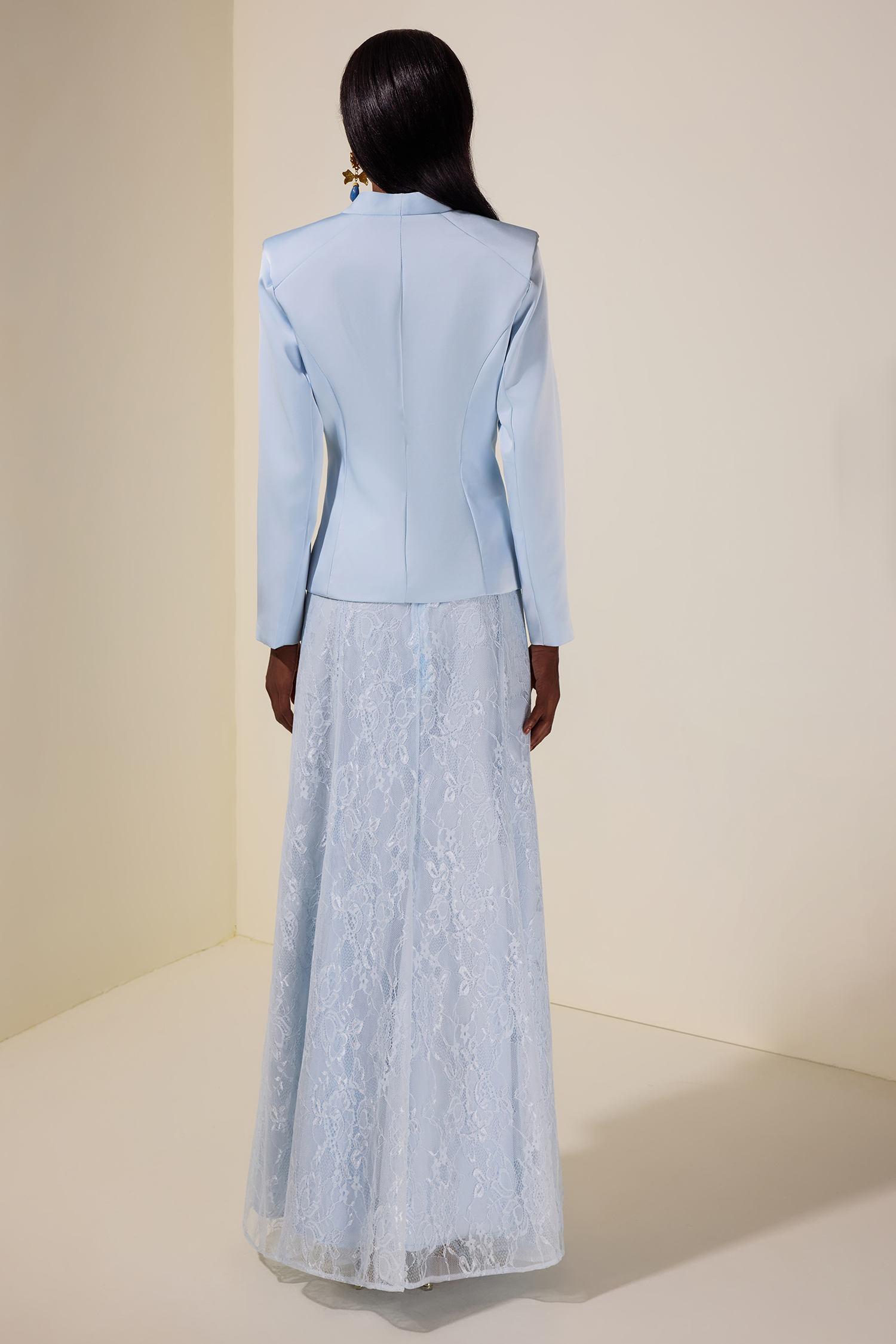 3D Flower Satin Blazer & Lace Maxi Skirt Set