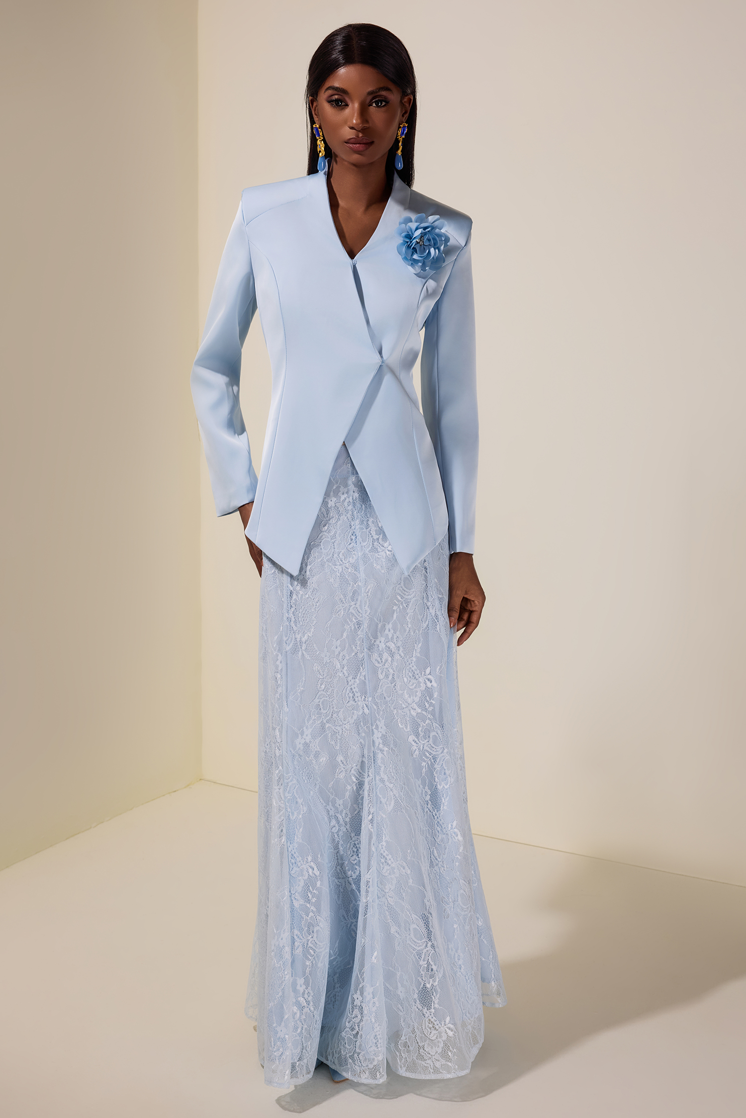 3D Flower Satin Blazer & Lace Maxi Skirt Set