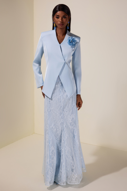 3D Flower Satin Blazer & Lace Maxi Skirt Set