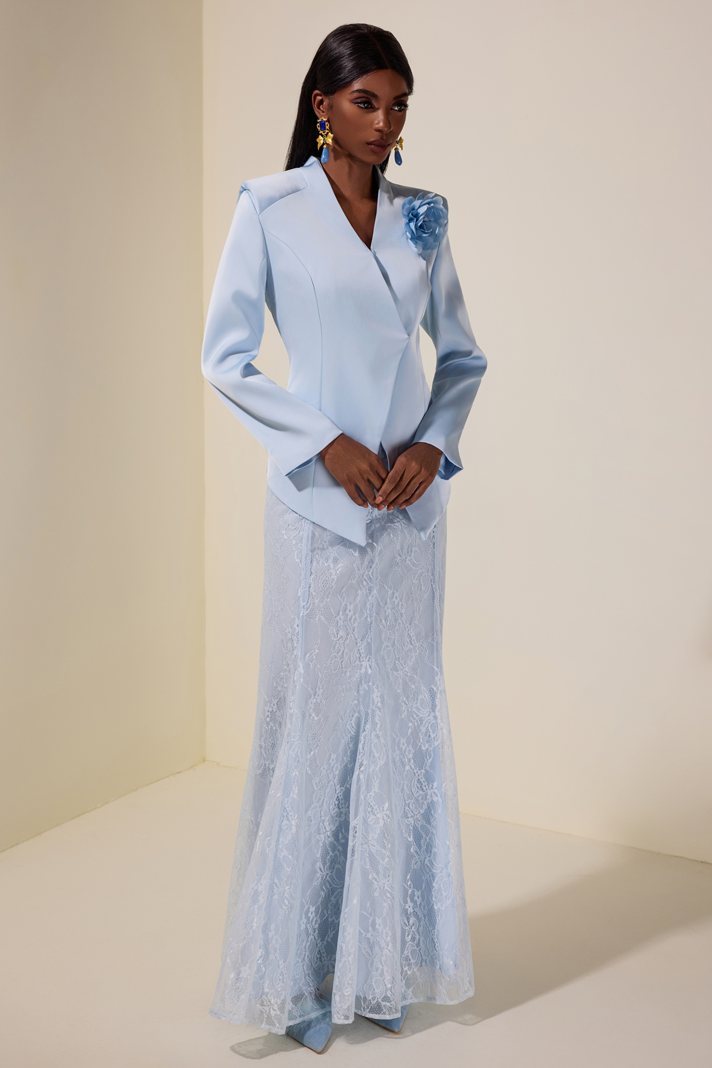 3D Flower Satin Blazer & Lace Maxi Skirt Set