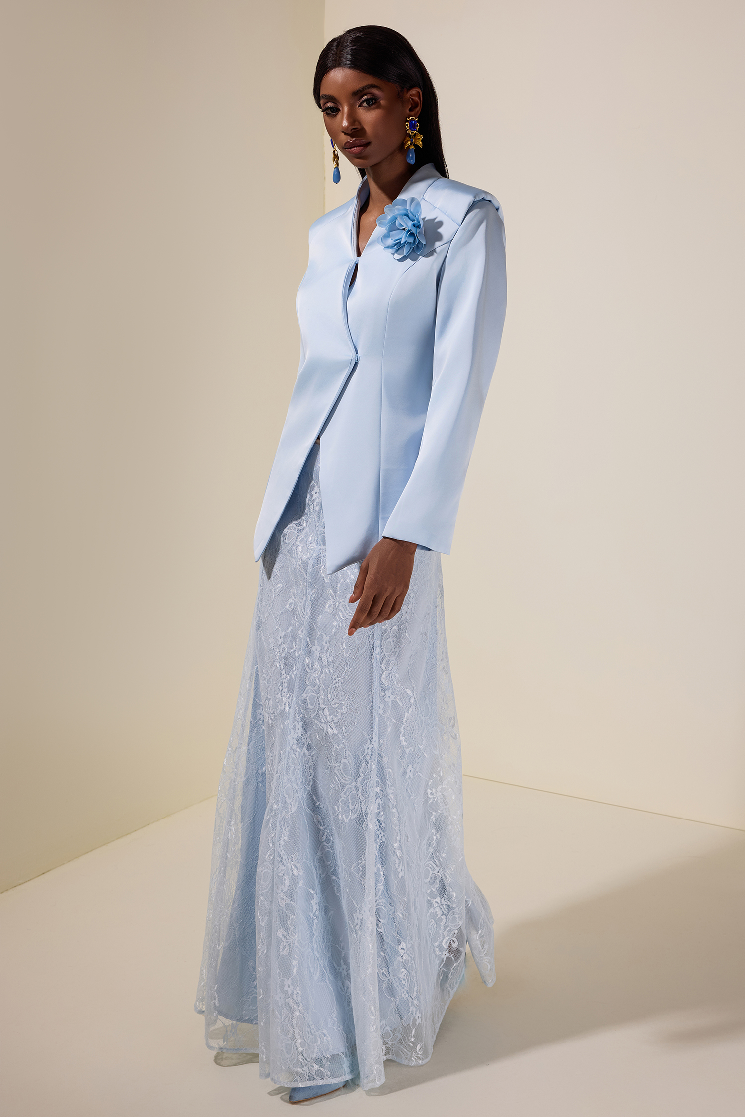 3D Flower Satin Blazer & Lace Maxi Skirt Set