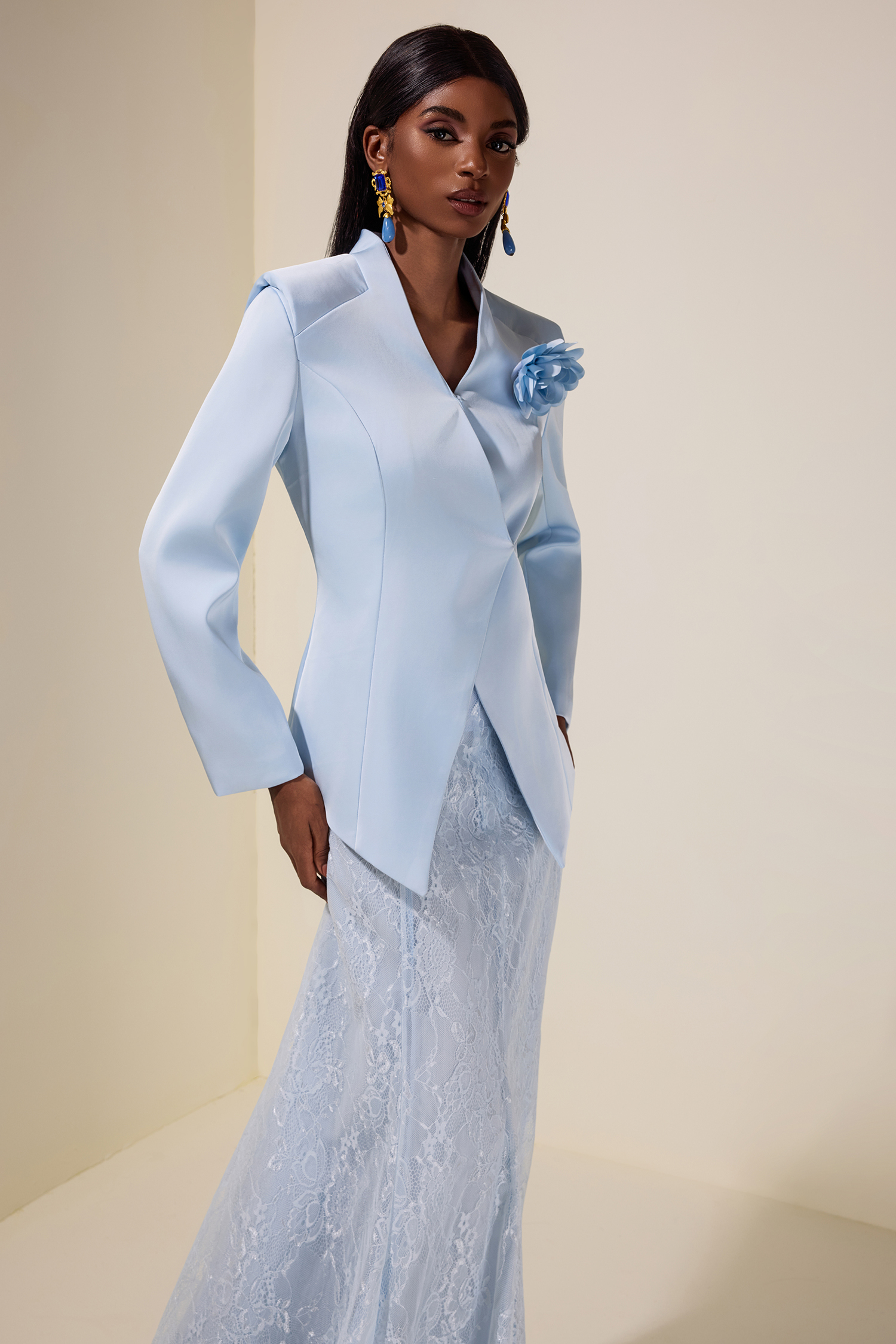 3D Flower Satin Blazer & Lace Maxi Skirt Set