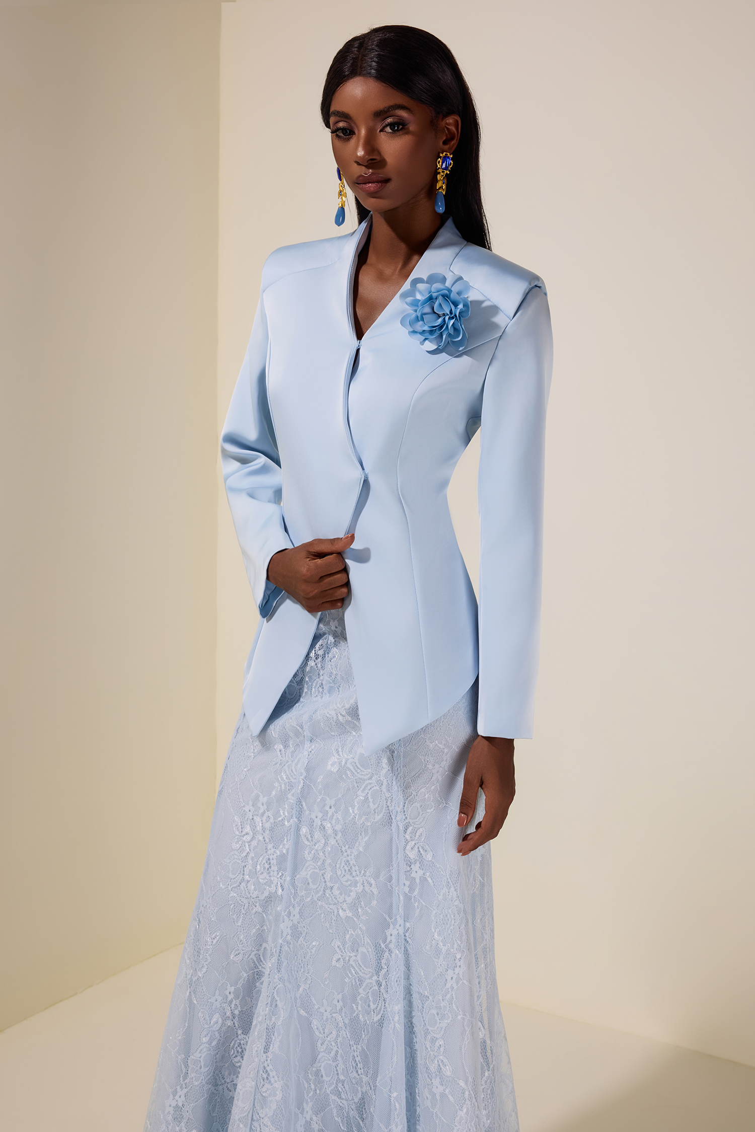 3D Flower Satin Blazer & Lace Maxi Skirt Set