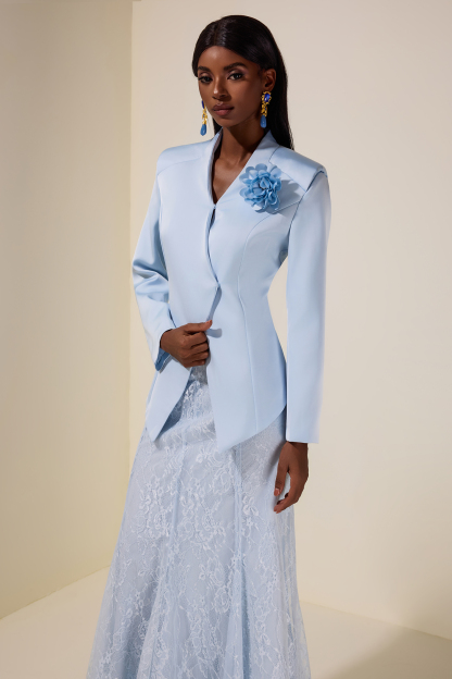 3D Flower Satin Blazer & Lace Maxi Skirt Set