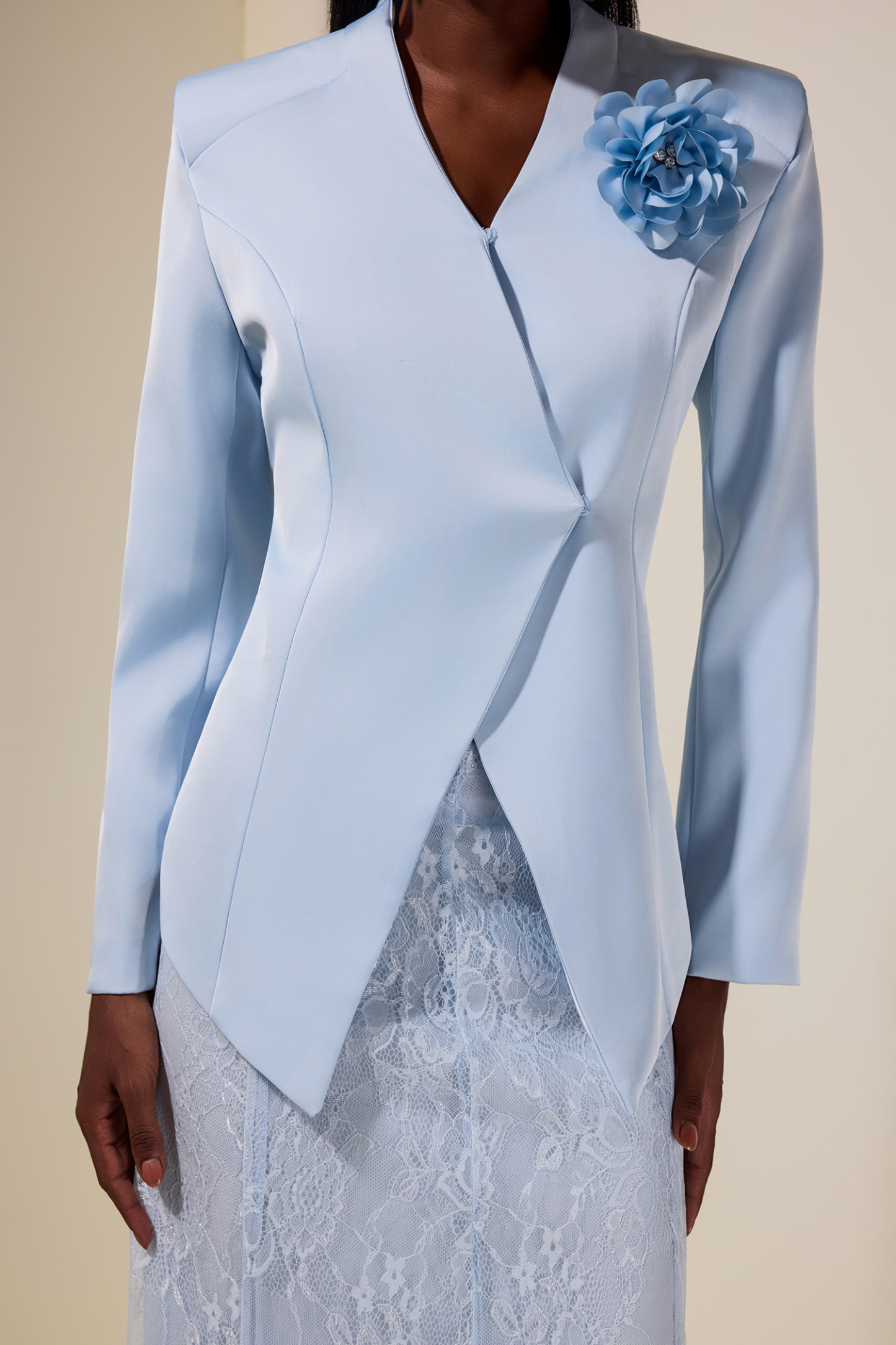 3D Flower Satin Blazer & Lace Maxi Skirt Set