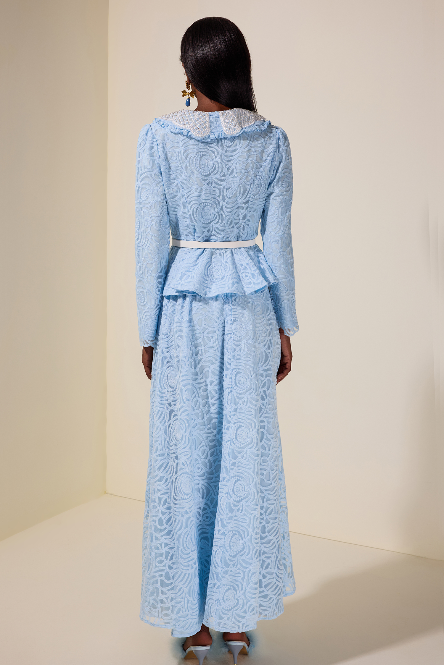 Lace Nail Bead Embroidery Top & Mid Waist Midi Skirt Set