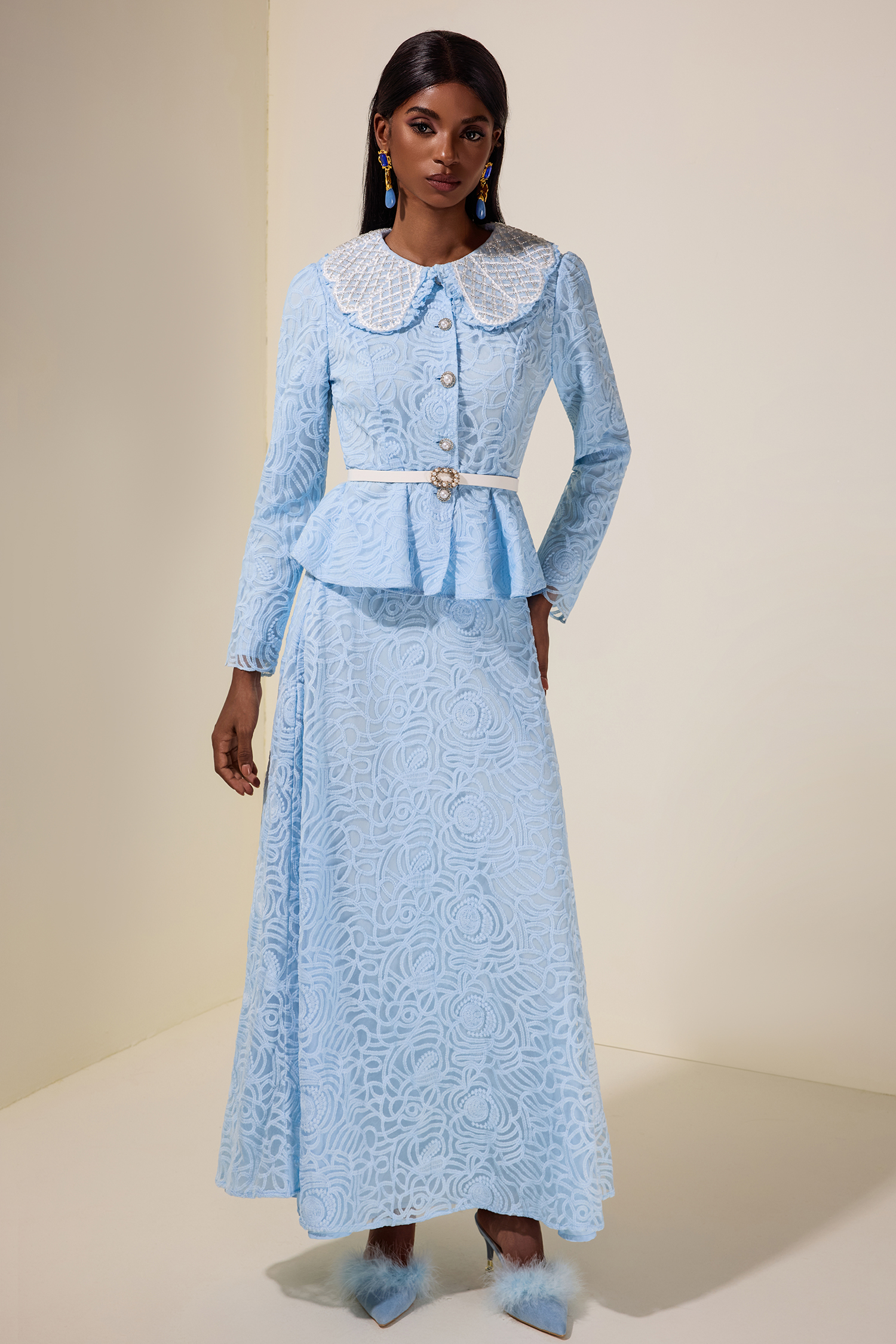 Lace Nail Bead Embroidery Top & Mid Waist Midi Skirt Set