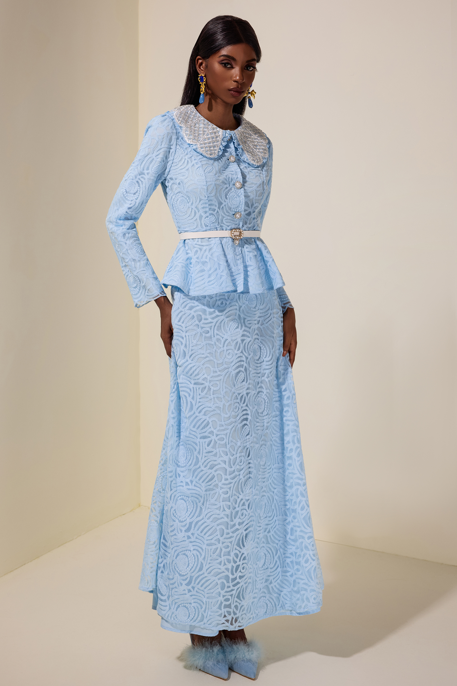 Lace Nail Bead Embroidery Top & Mid Waist Midi Skirt Set
