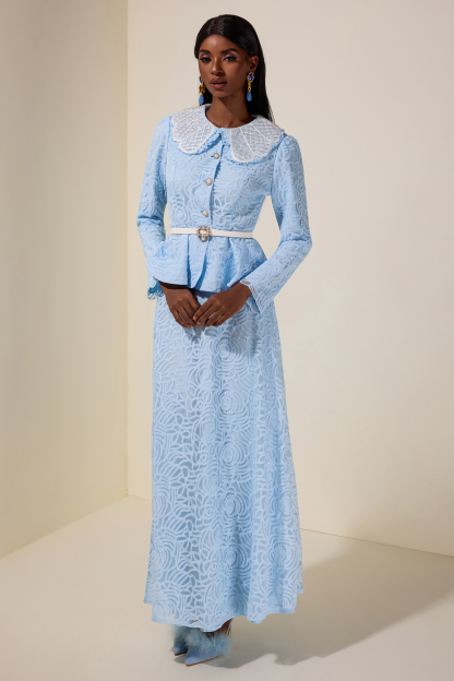 Lace Nail Bead Embroidery Top & Mid Waist Midi Skirt Set