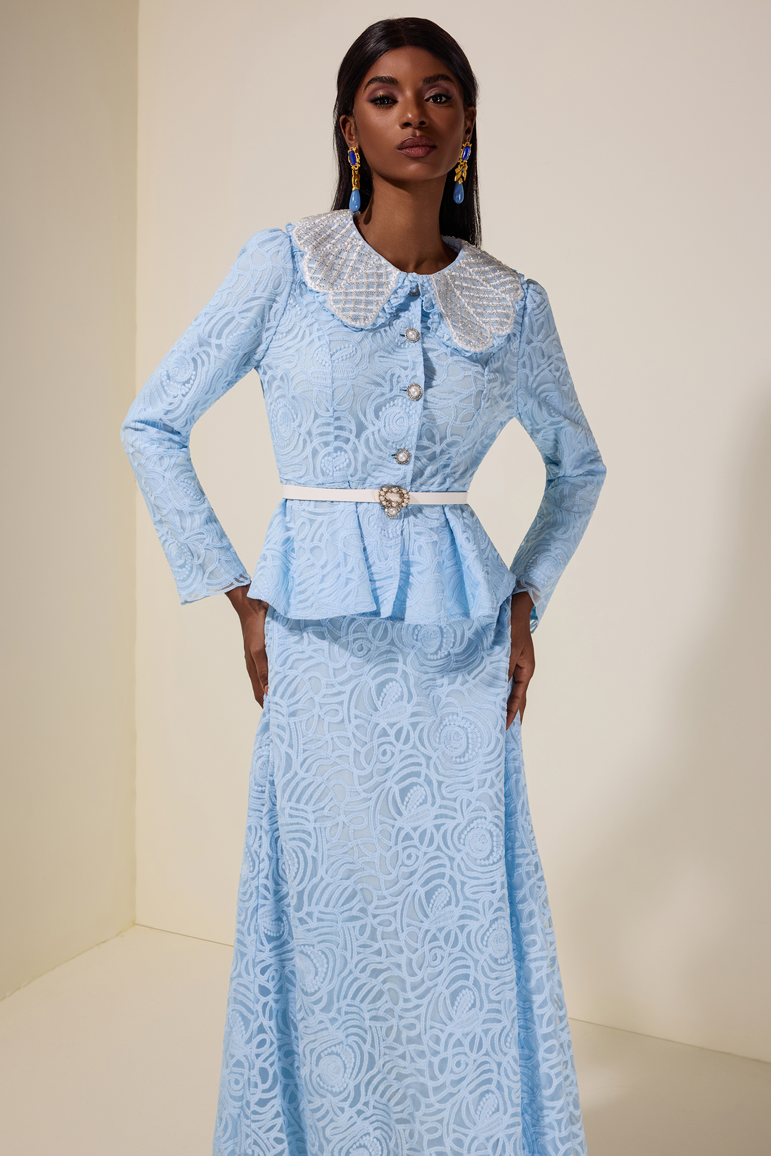 Lace Nail Bead Embroidery Top & Mid Waist Midi Skirt Set