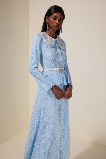 Lace Nail Bead Embroidery Top & Mid Waist Midi Skirt Set