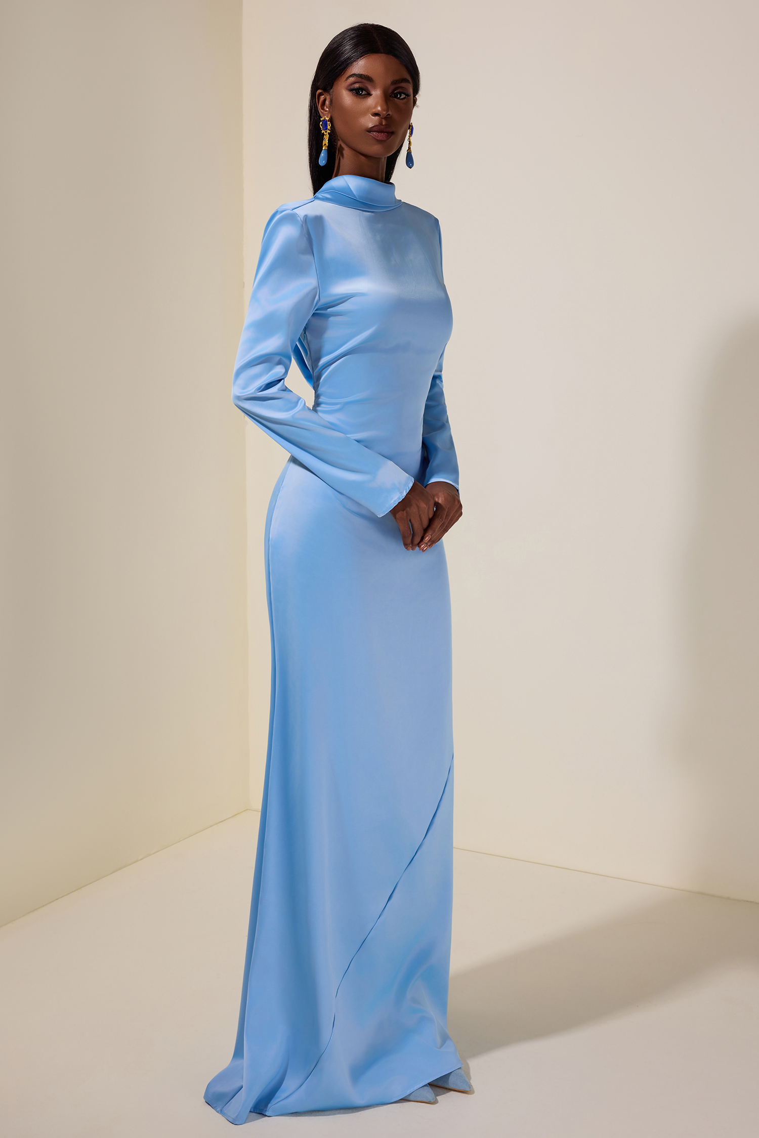 Satin Swing Collar Solid Maxi Dress