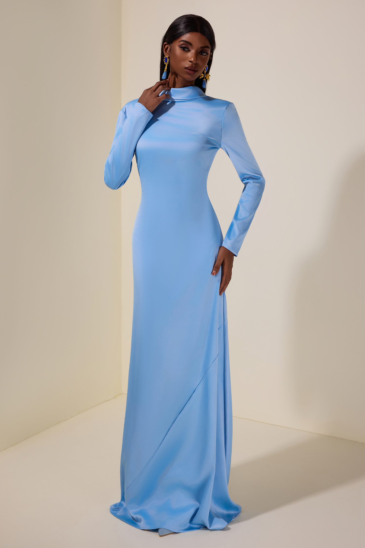 Satin Swing Collar Solid Maxi Dress