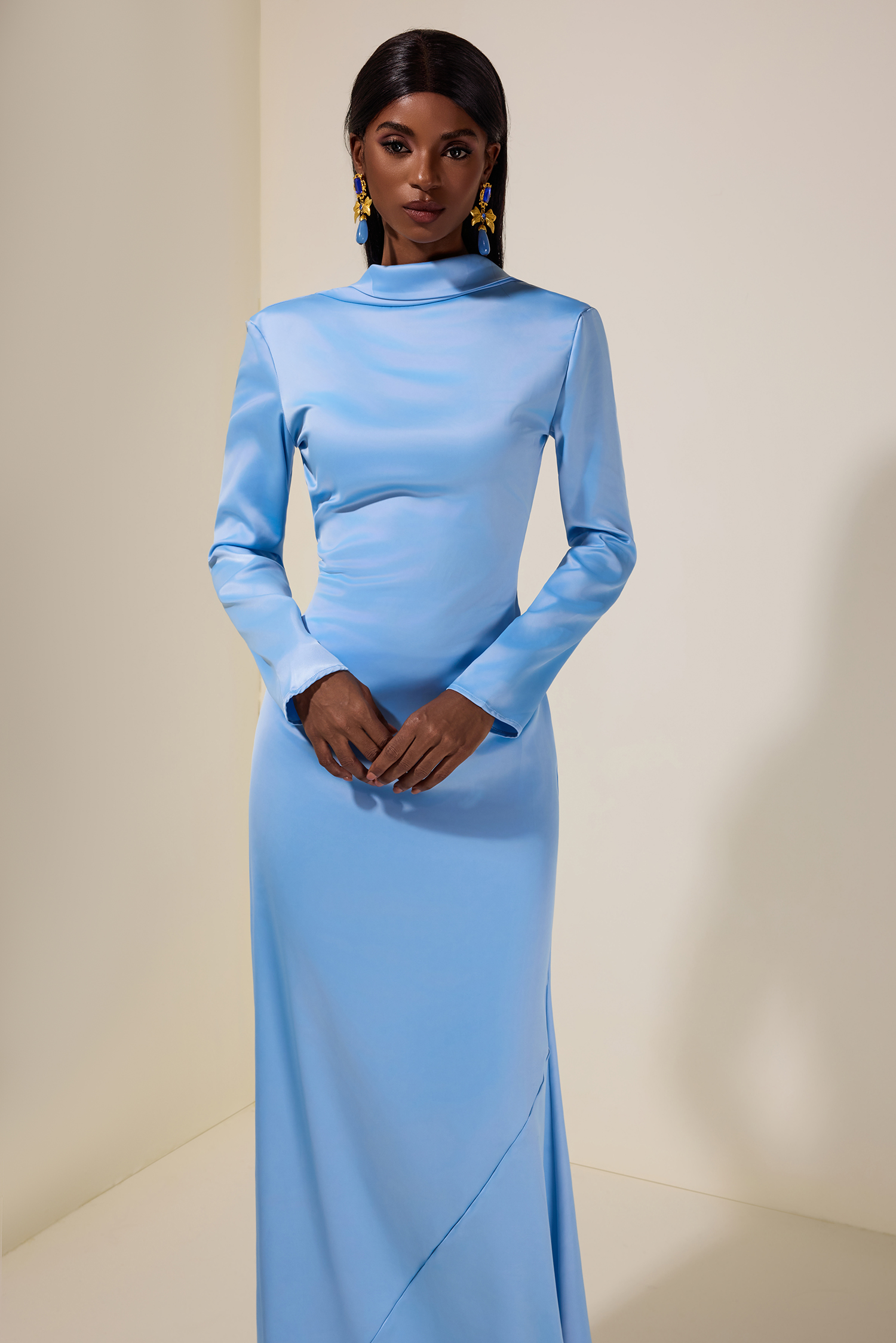 Satin Swing Collar Solid Maxi Dress