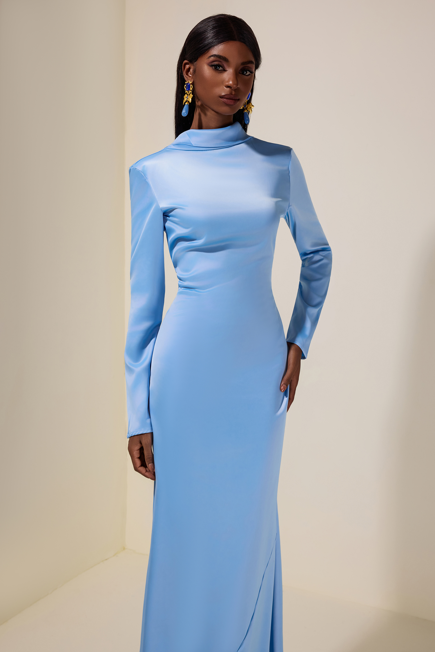 Satin Swing Collar Solid Maxi Dress