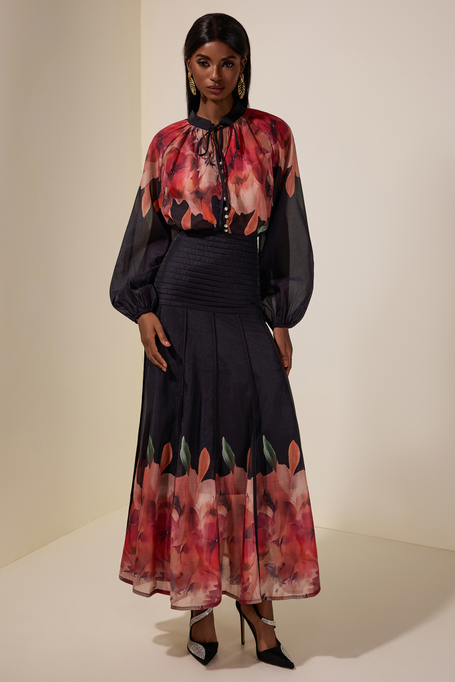 Aude Floral Top & Pleated Midi Skirt Set