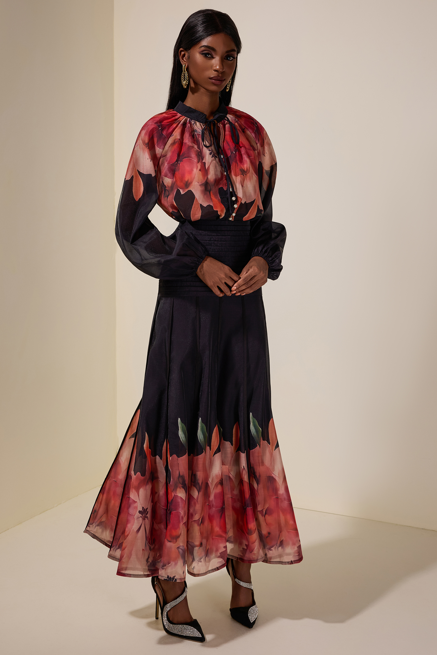 Aude Floral Top & Pleated Midi Skirt Set