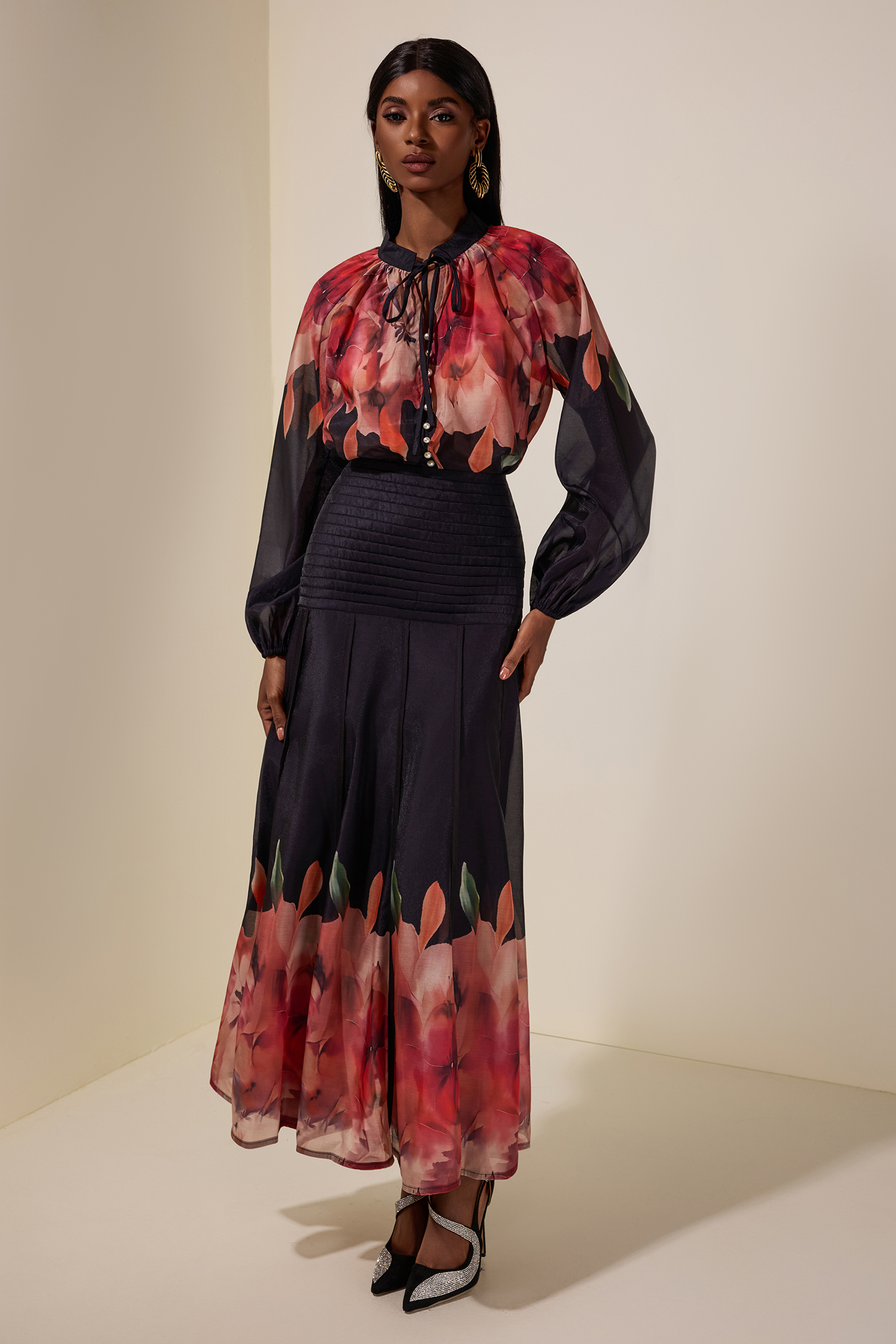 Aude Floral Top & Pleated Midi Skirt Set