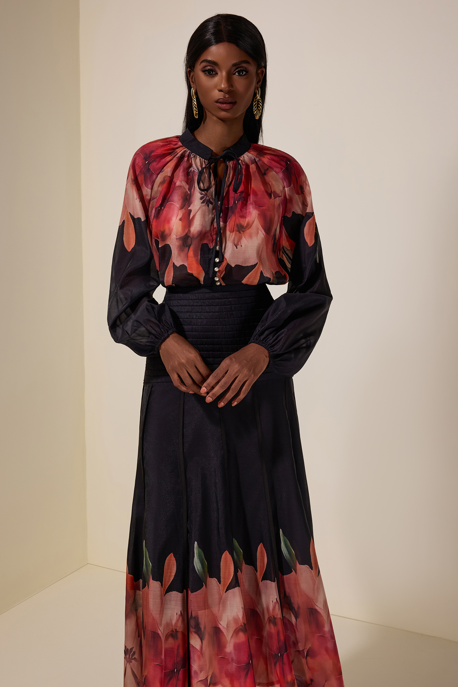 Aude Floral Top & Pleated Midi Skirt Set