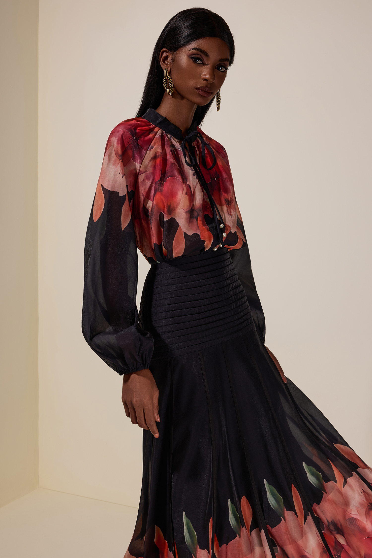 Aude Floral Top & Pleated Midi Skirt Set