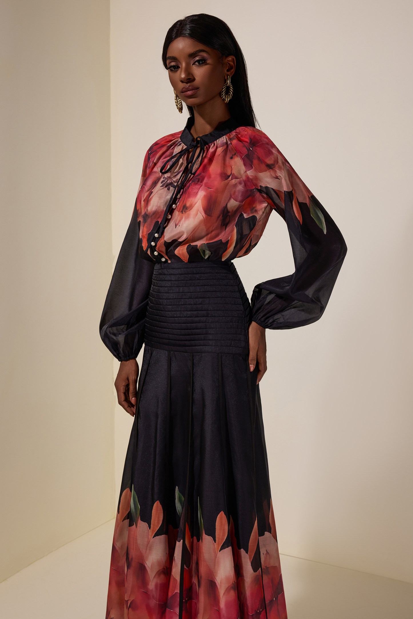 Aude Floral Top & Pleated Midi Skirt Set