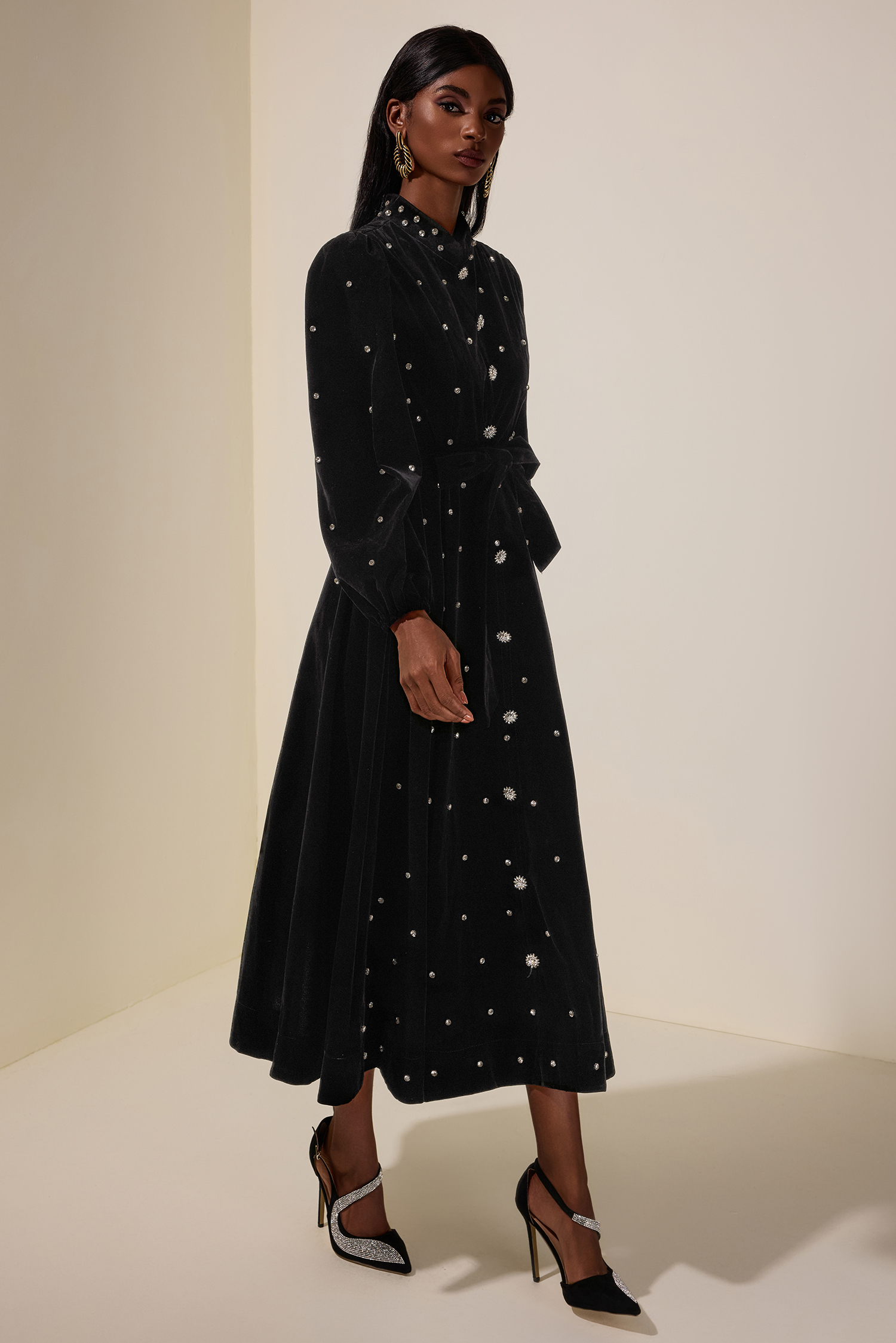 Velvet Rhinestone Midi Dress With Belt