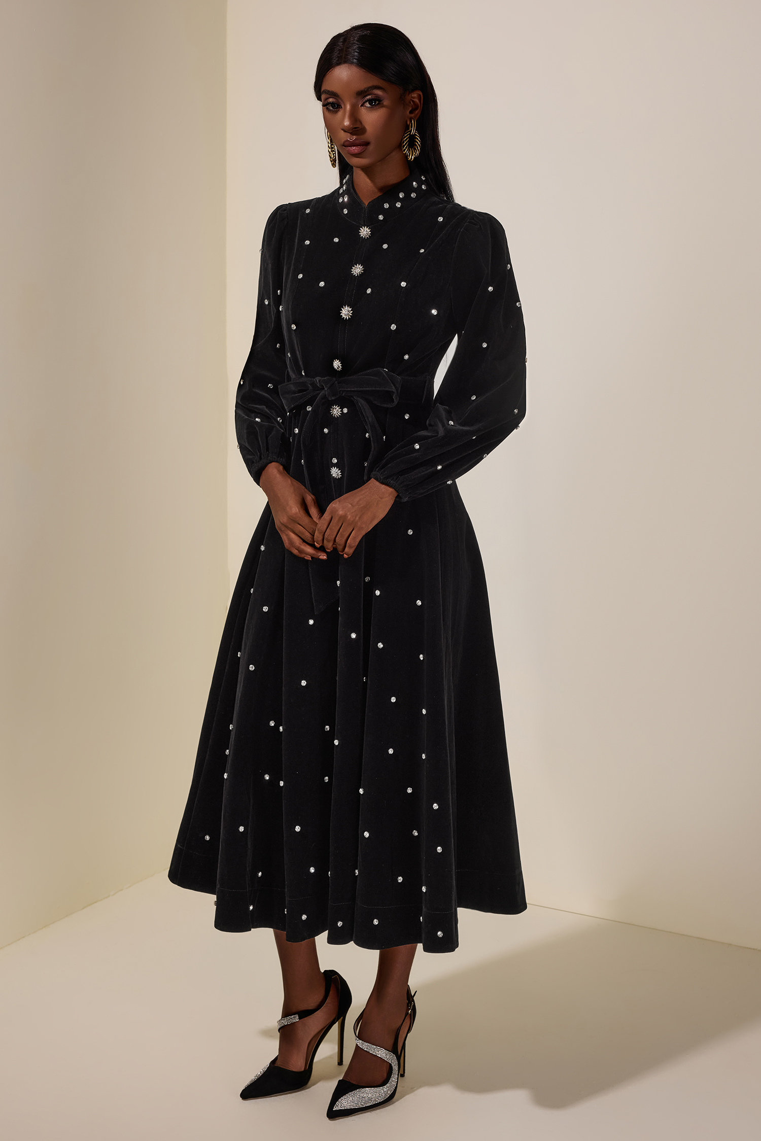 Velvet Rhinestone Midi Dress With Belt