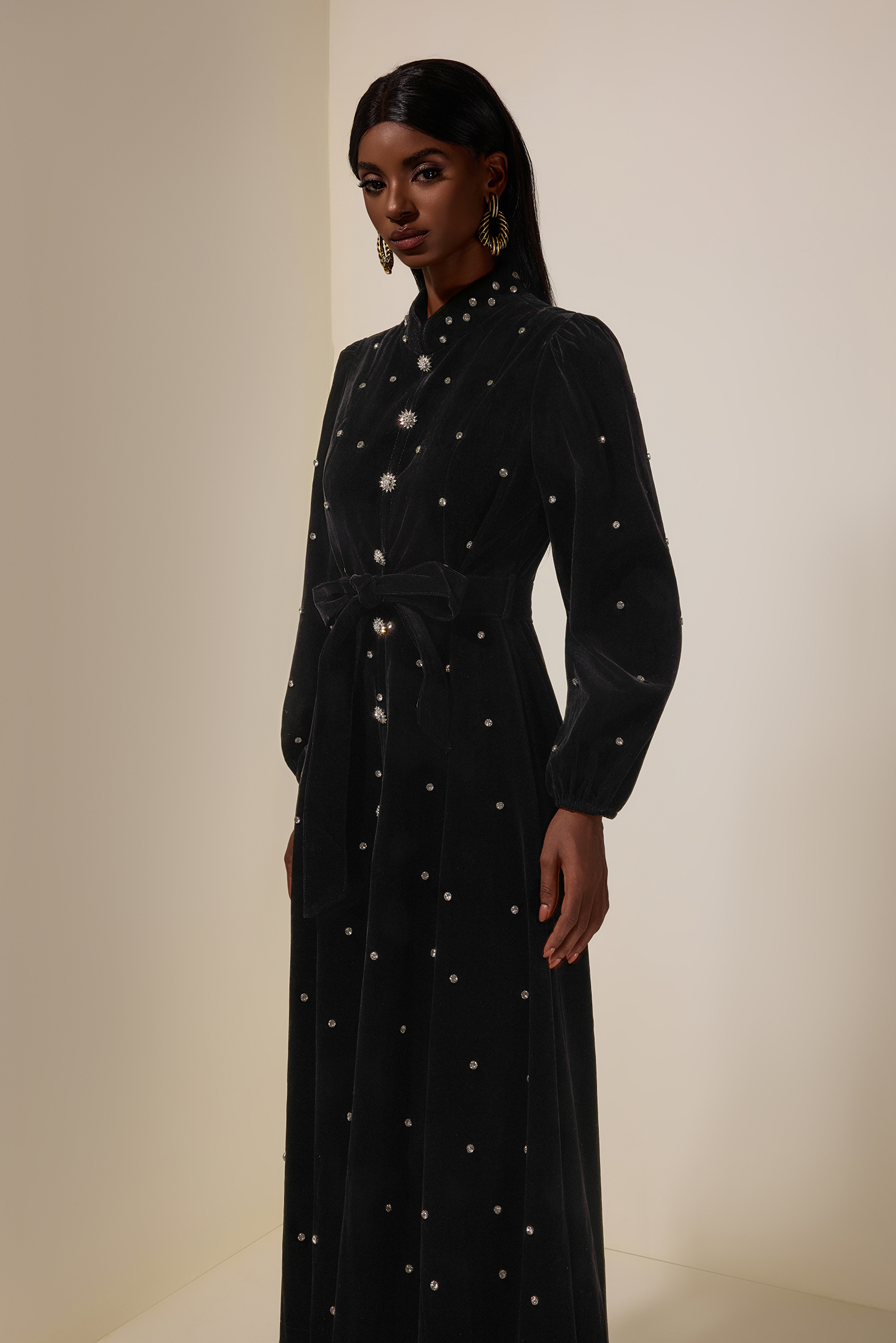 Velvet Rhinestone Midi Dress With Belt