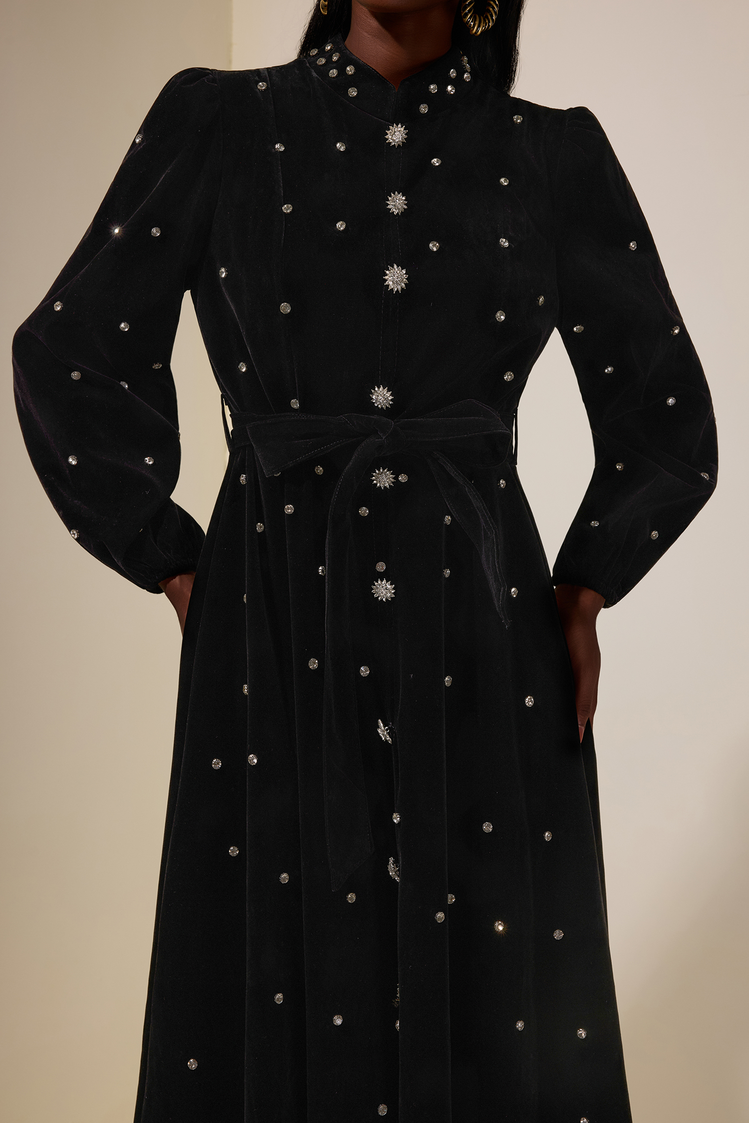 Velvet Rhinestone Midi Dress With Belt