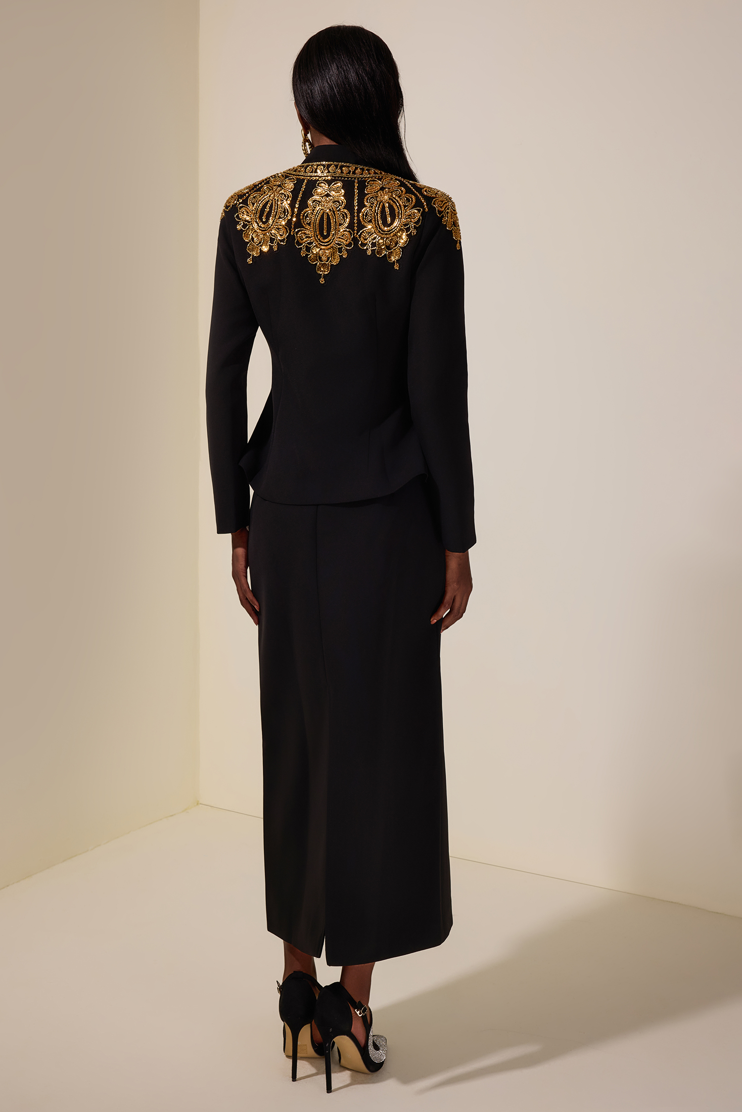 Nail Bead Embroidery Top & High Waist Midi Skirt Set