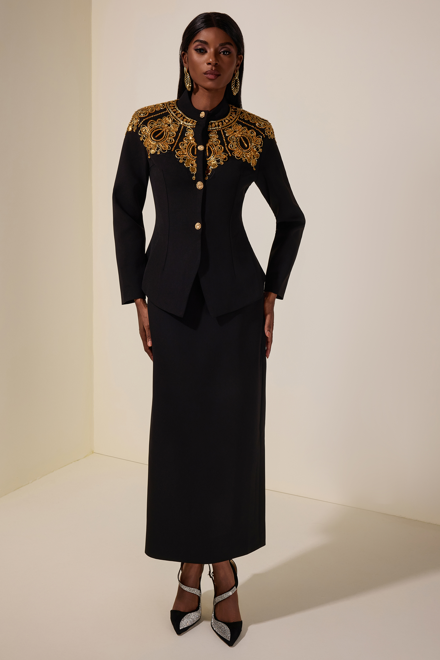 Nail Bead Embroidery Top & High Waist Midi Skirt Set