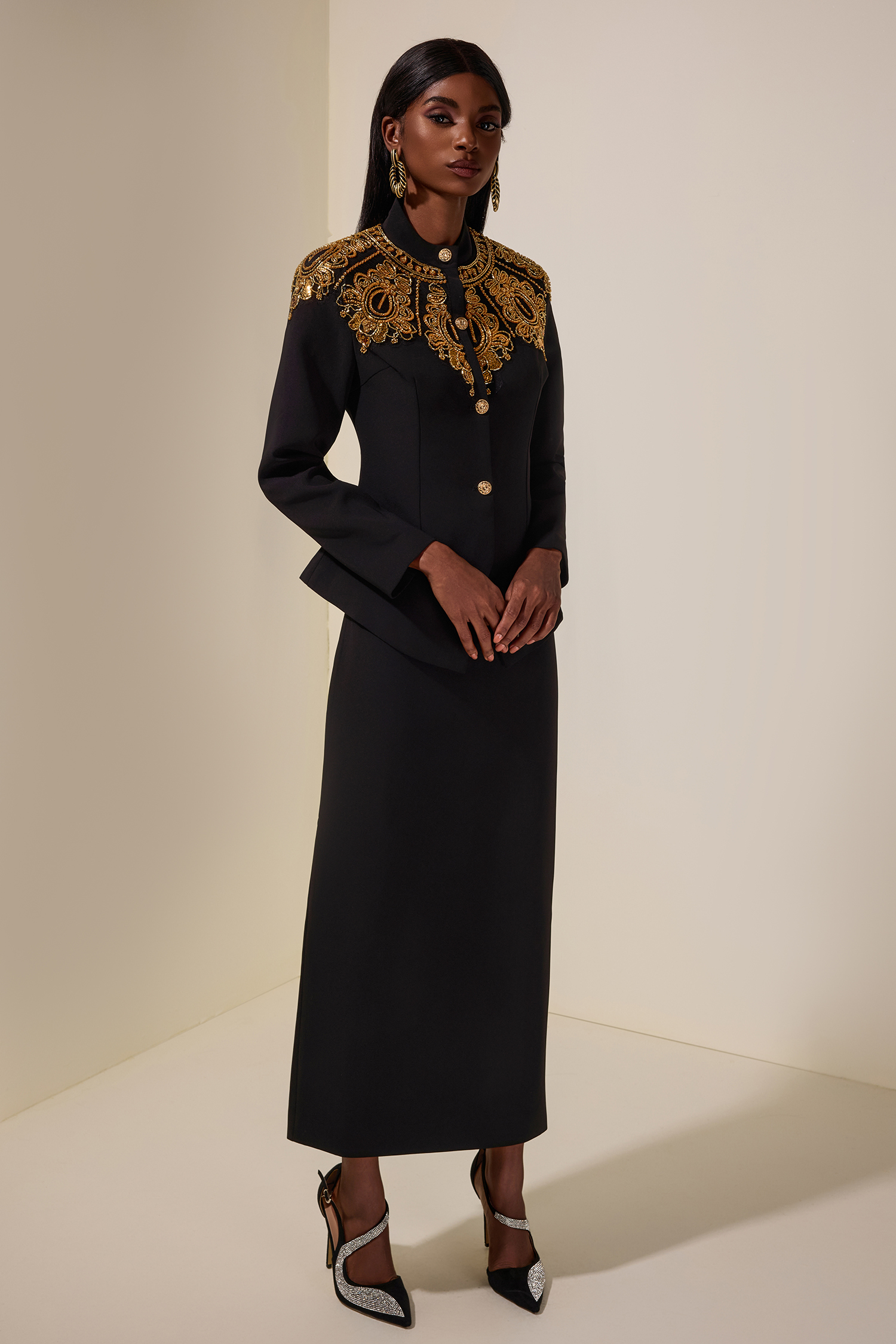 Nail Bead Embroidery Top & High Waist Midi Skirt Set