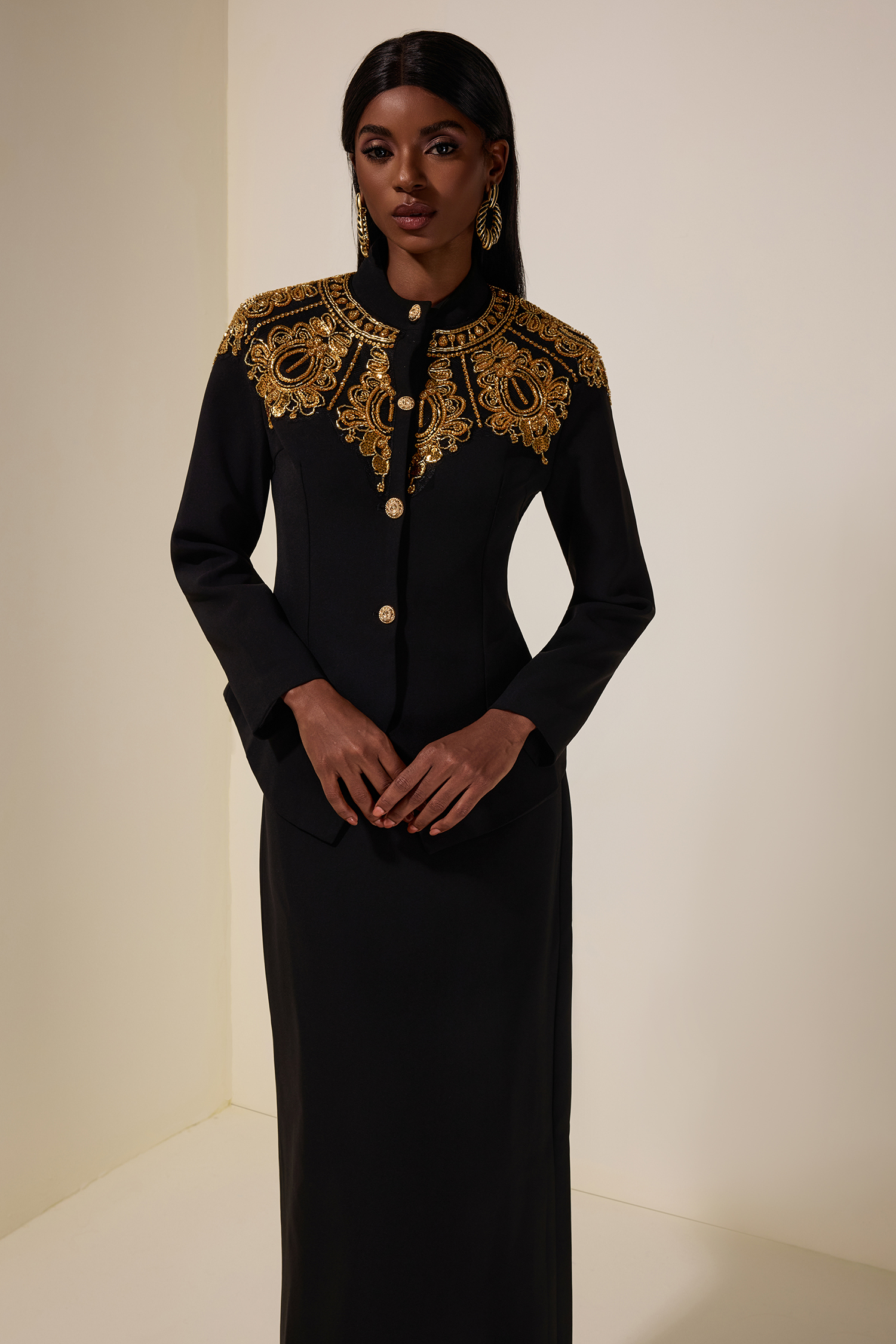 Nail Bead Embroidery Top & High Waist Midi Skirt Set