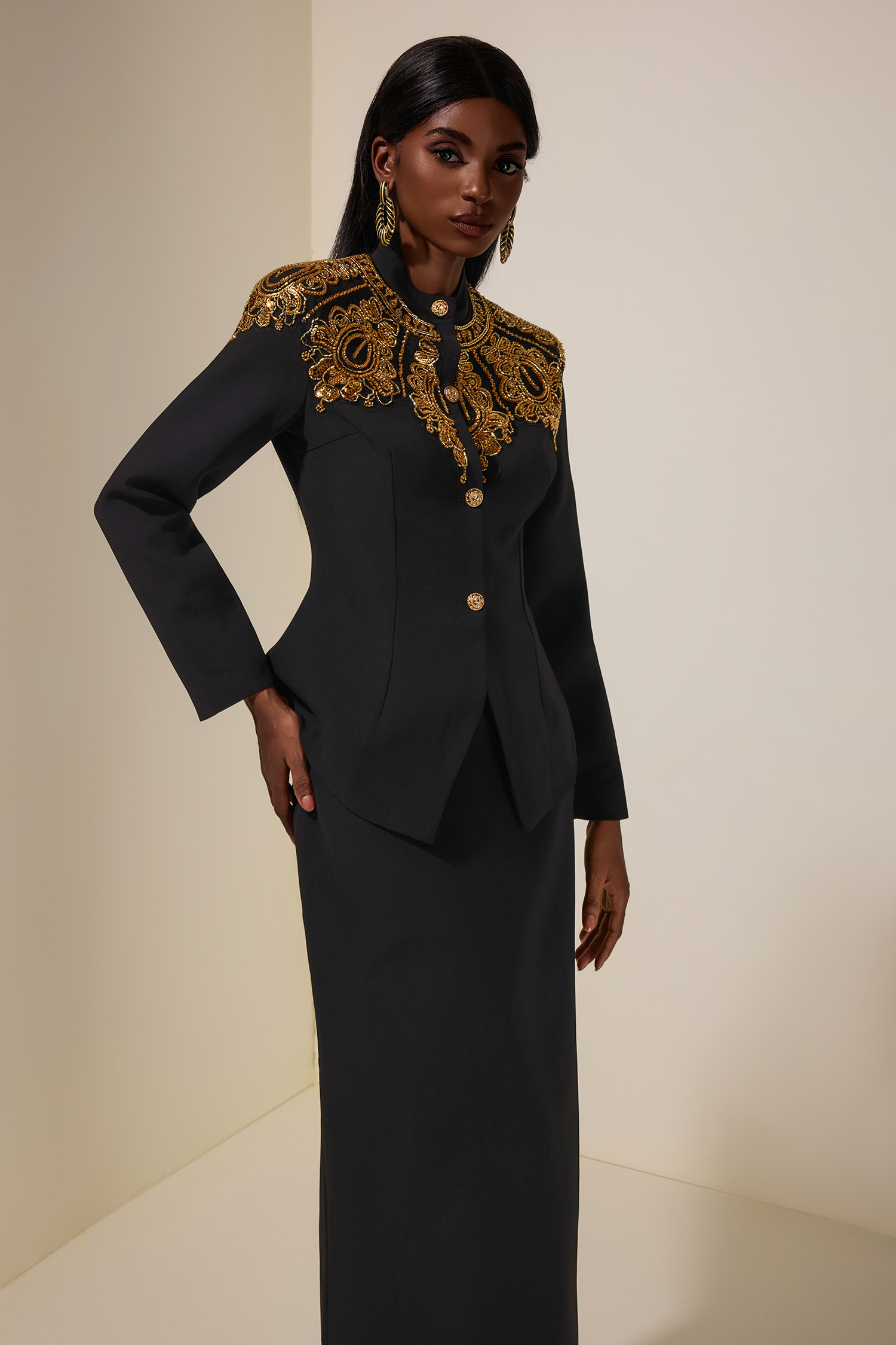 Nail Bead Embroidery Top & High Waist Midi Skirt Set