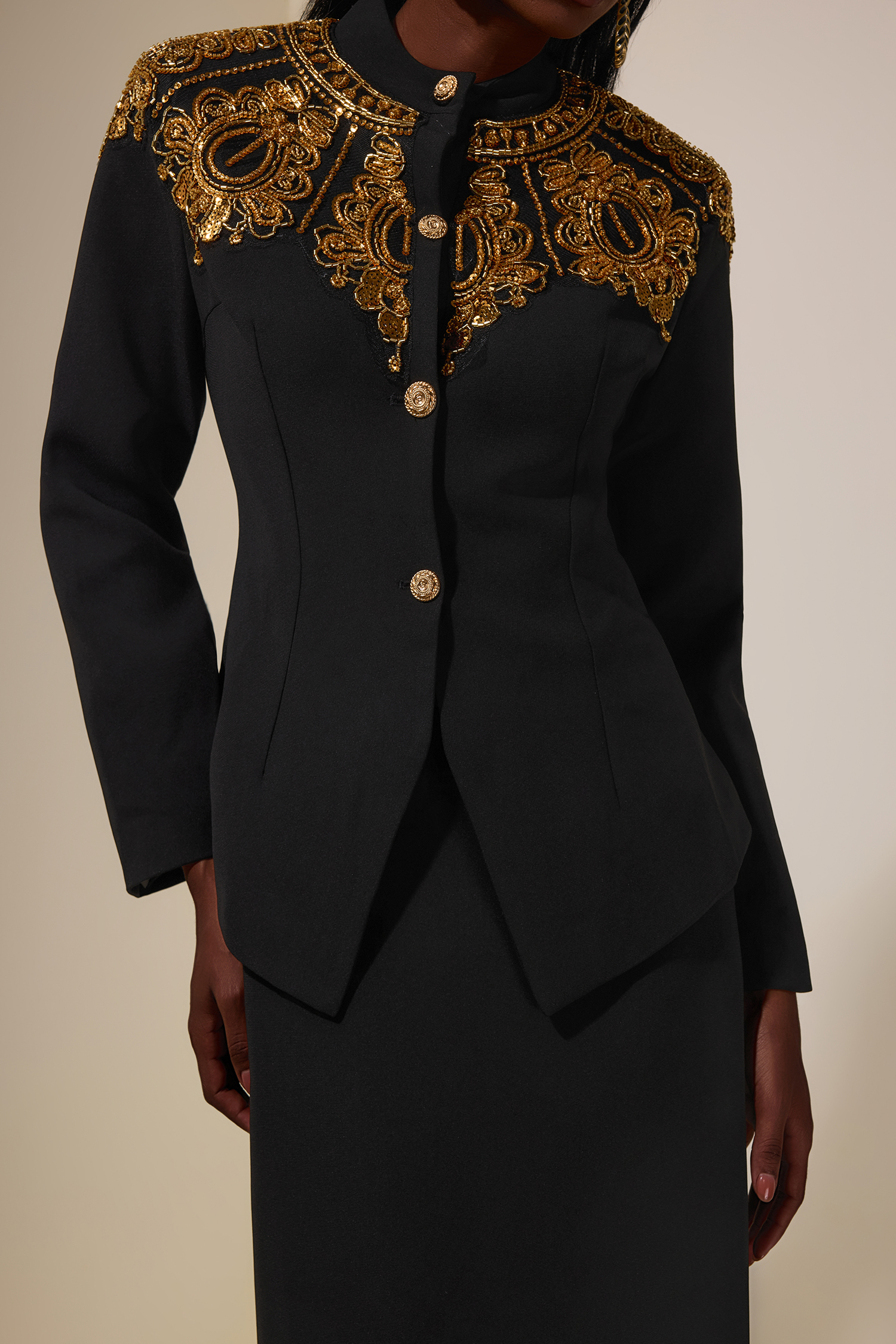 Nail Bead Embroidery Top & High Waist Midi Skirt Set