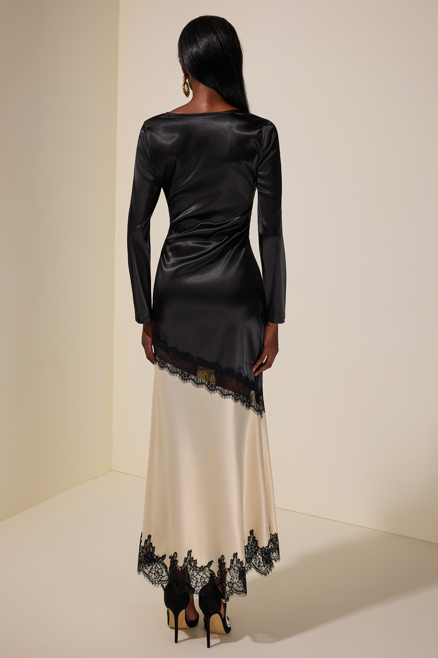 Satin Splicing Lace Slit Midi Dress