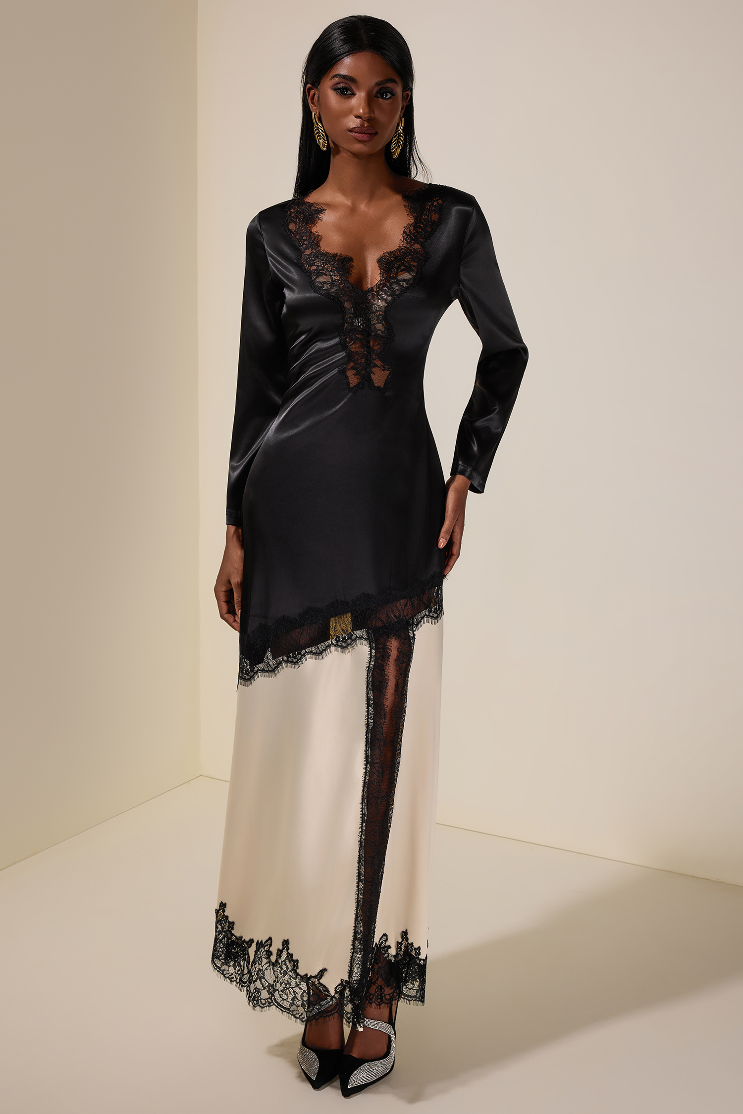Satin Splicing Lace Slit Midi Dress
