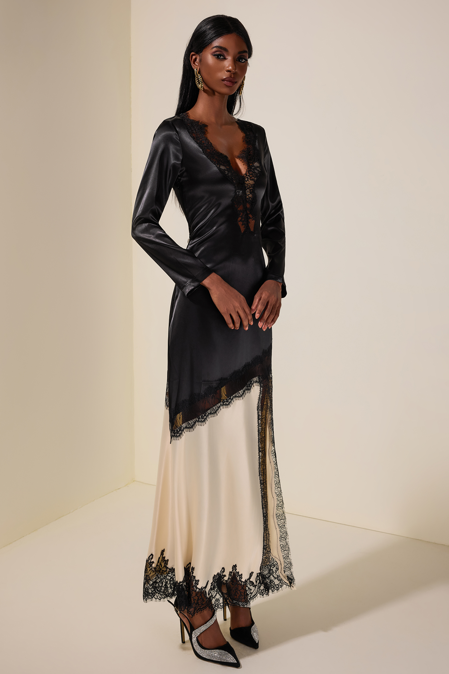 Satin Splicing Lace Slit Midi Dress