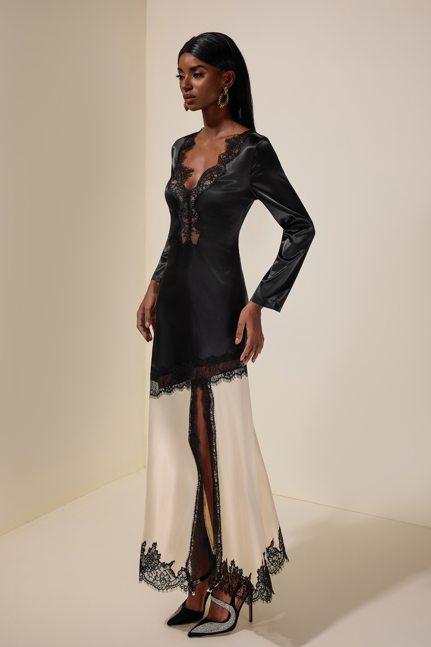 Satin Splicing Lace Slit Midi Dress