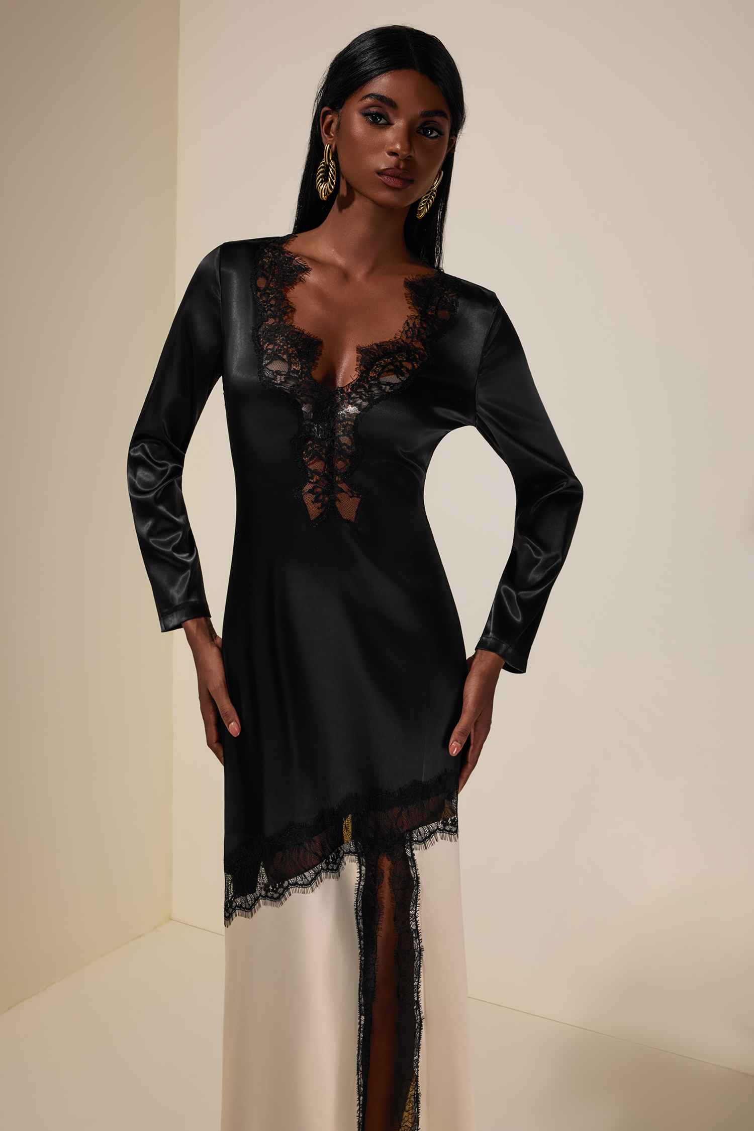 Satin Splicing Lace Slit Midi Dress