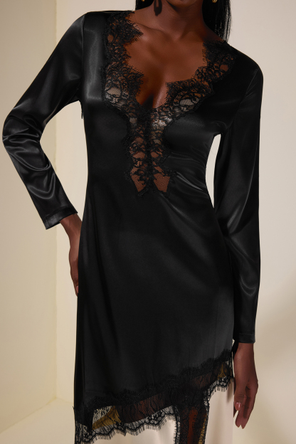 Satin Splicing Lace Slit Midi Dress